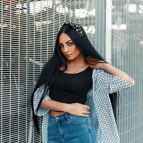 Miniatura 4 de Diademas de perlas para niñas, diademas de diamantes de imitación para mujer, diadema ancha anudada para mujer, diadema negra con cuentas,