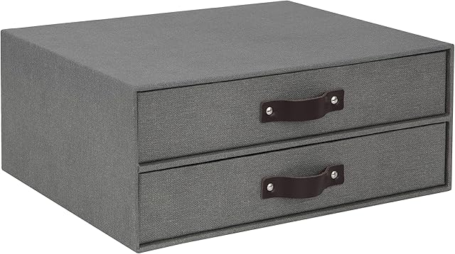 Bigso Box of Sweden Drawer Storage Box for Documents and Office Supplies - 2-Drawer Desk Organiser - Fibreboard and Paper Filing System with Elegant Leather Handle - Grey