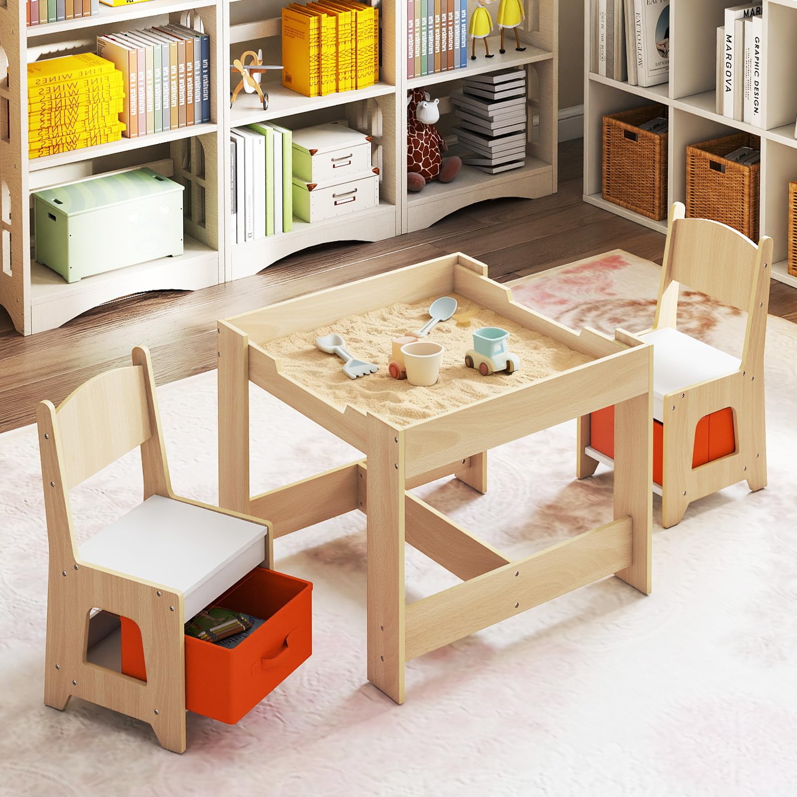 COSTWAY Juego de Mesa y Sillas Infantil, Mesa de Actividades 3 en 1 para Niños con Superficie Reversible y Cajas de Almacenaje, Set de Muebles Infantil de 3 Piezas (Naranja)