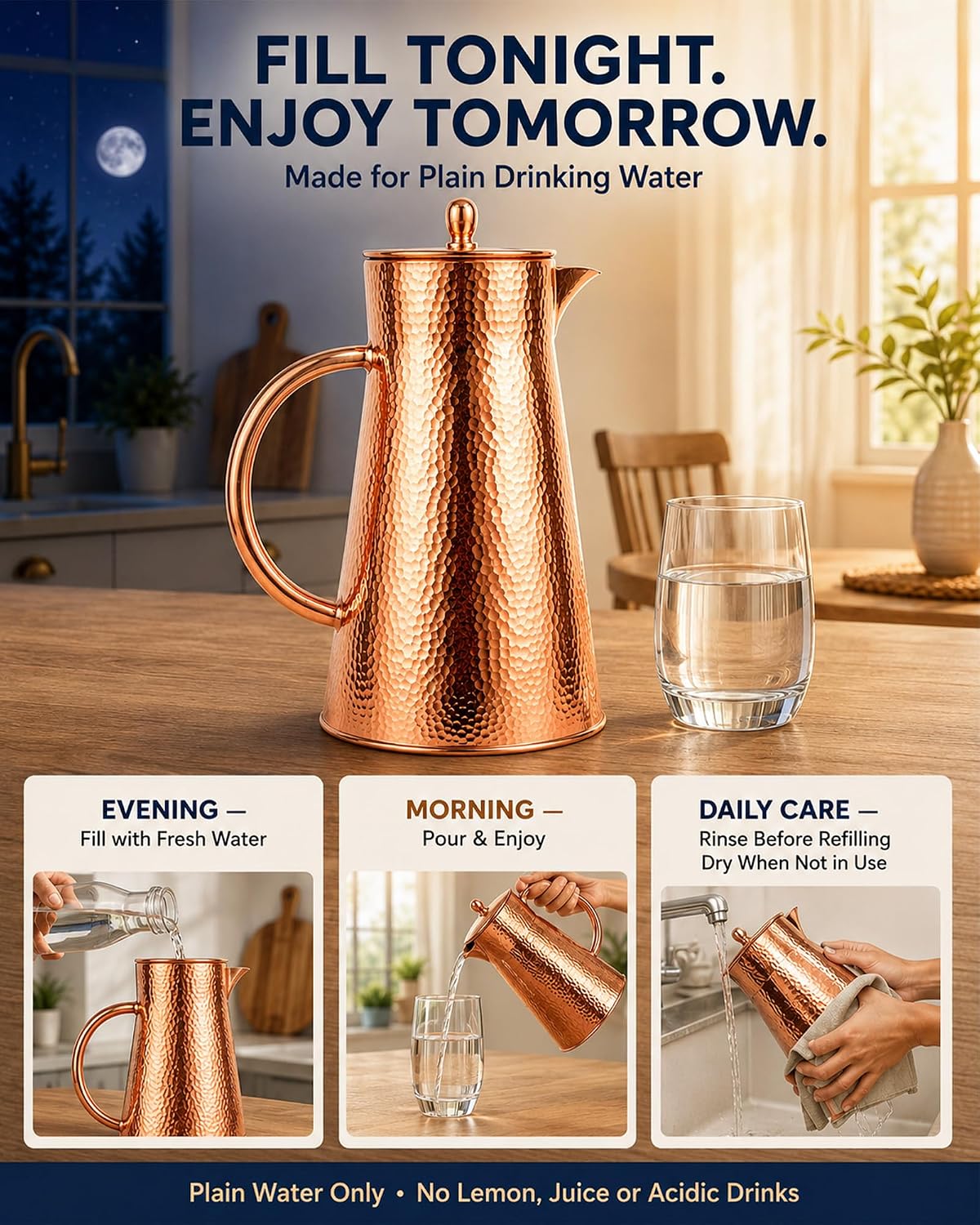 70 Ounce Copper Water Pitcher, 100% Pure Copper Jug with Lid