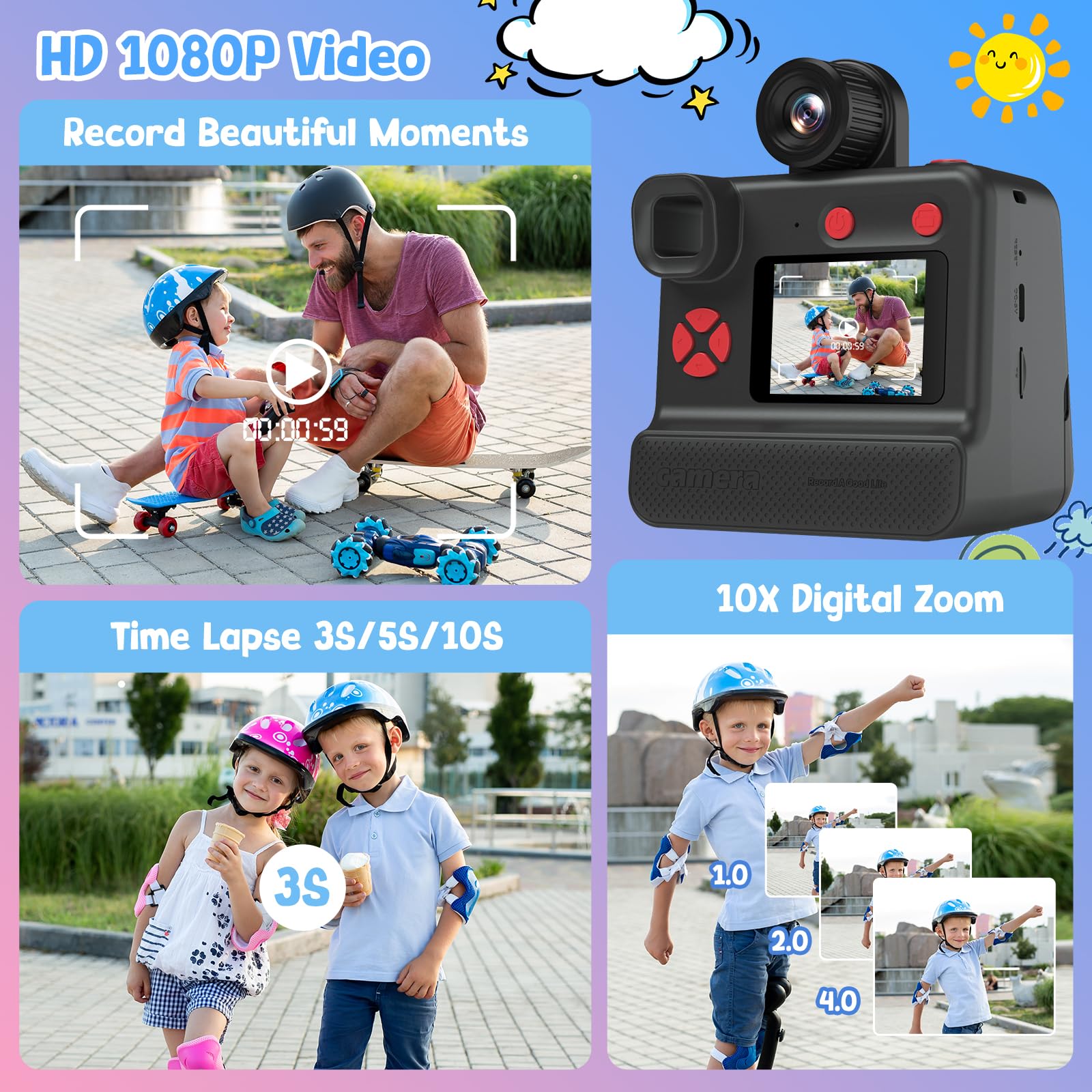 GREENKINDER Macchina Fotografica Bambini Istantanea, 1080P Macchina Fotografica Bambini con Lente 180° Flip, Scheda 32GB & Carta da Stampa, Regali di Natale Compleanno per 3-12 Ragazze Ragazzi