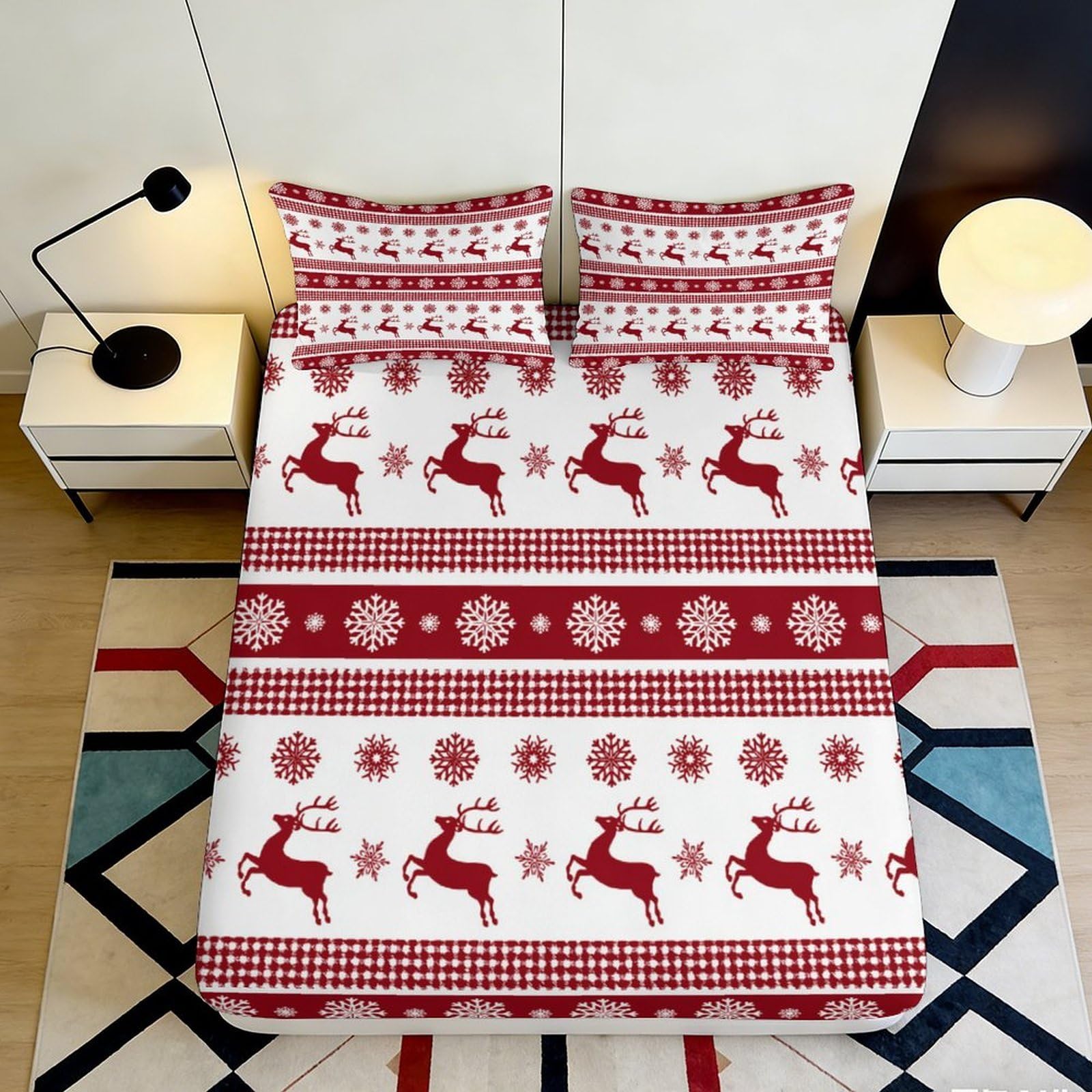 3D Printed Christmas Reindeer Fitted Sheet Microfiber Soft Breathable Snowflake Bed Cover for Bedroom Dormitory Guest Room Mattress Protection Decor 140x200x25cm