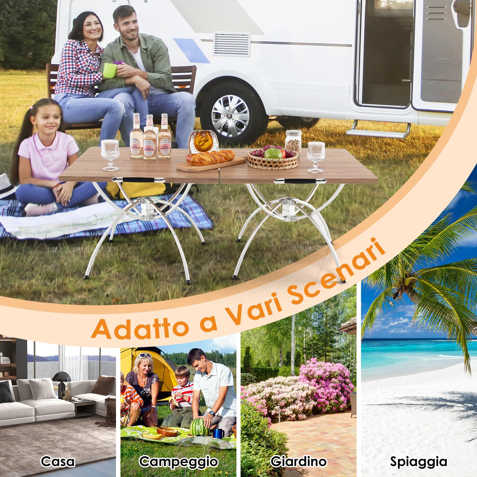 RELAX4LIFE Set 2 Tavoli da Picnic Pieghevoli in Alluminio, Estensibile 120x60 cm, Portatile per Campeggio/Pesca, Piano Finto Legno, Max 25 kg, Borsa Trasporto