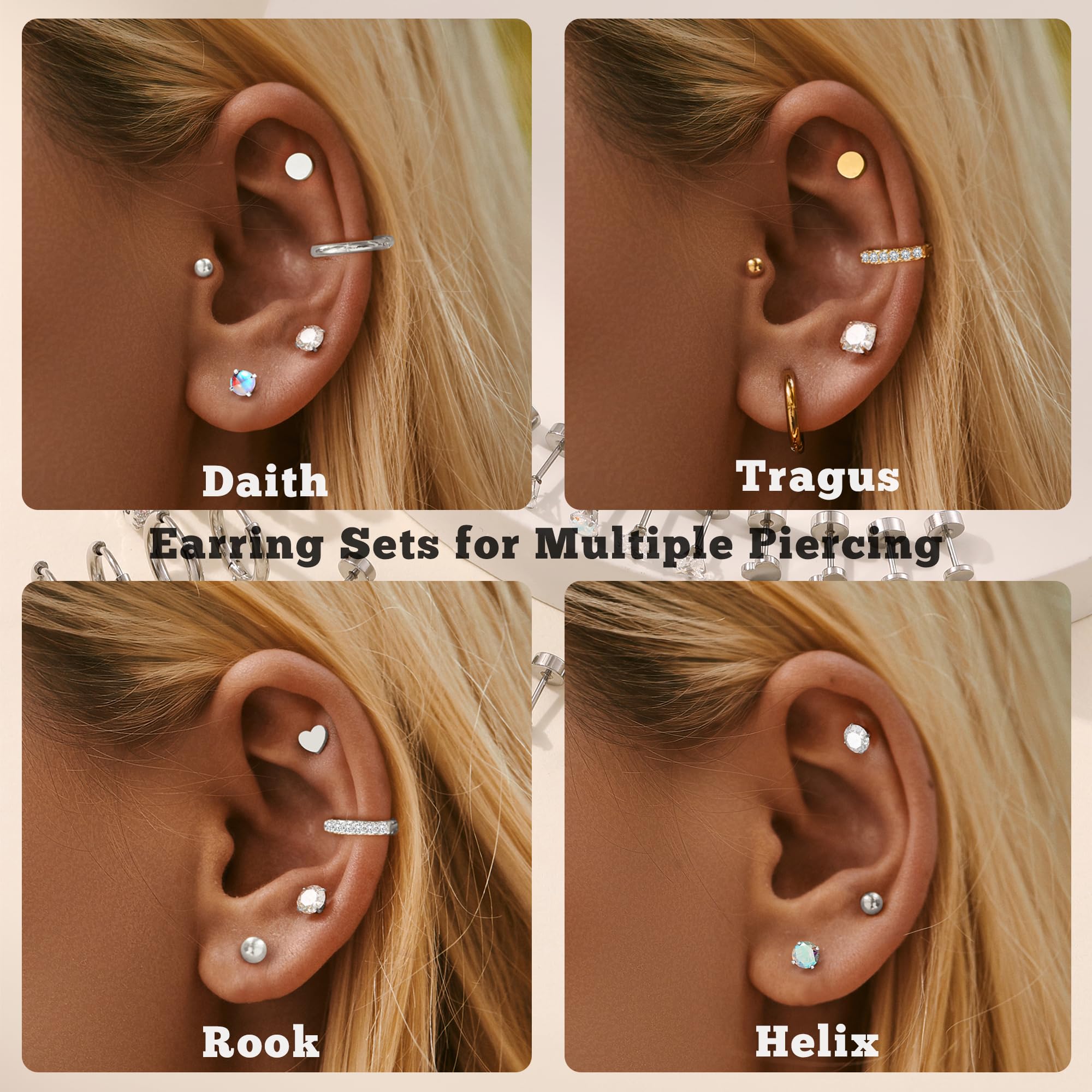 LOFITOR 16 Paare Hypoallergene Flatback Ohrringe für Damen Herren Set Chirurgischer Stahl Stecker Ohrstecker und Klein Creolen Stapelbar Kleine Cartilage Ohrringe mit Schraubverschluss