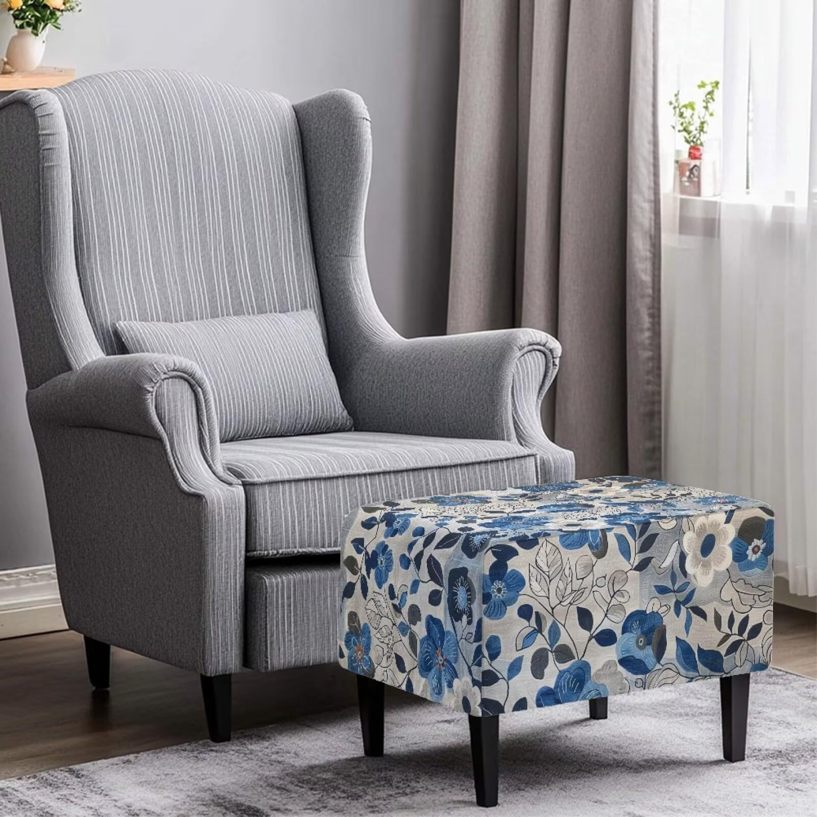 YUVAMAGIMO Floral Ottoman Cover Rectangular Stretch Ottoman Slipcover Rectangle Waterproof Storage Footstool Covers Furniture Protector with Elastic Bottom for Living Room Bedroom Decor
