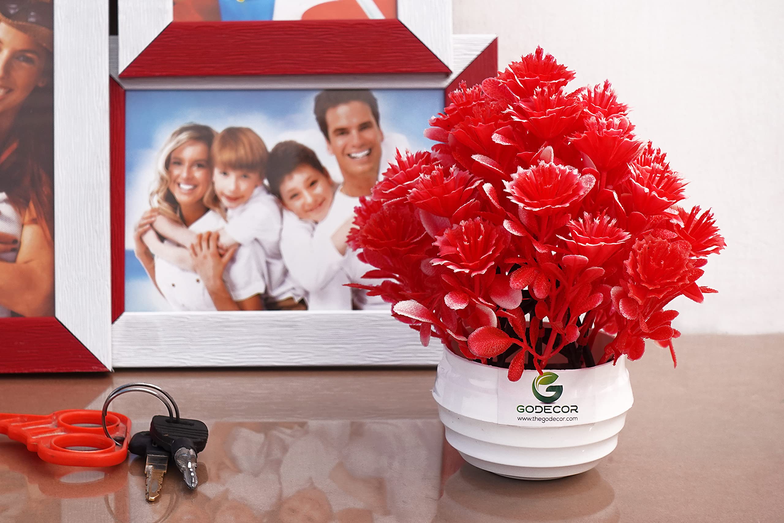 GODECOR Artificial Flower with Round White Glossy Pot of (Size 18CM-RED)