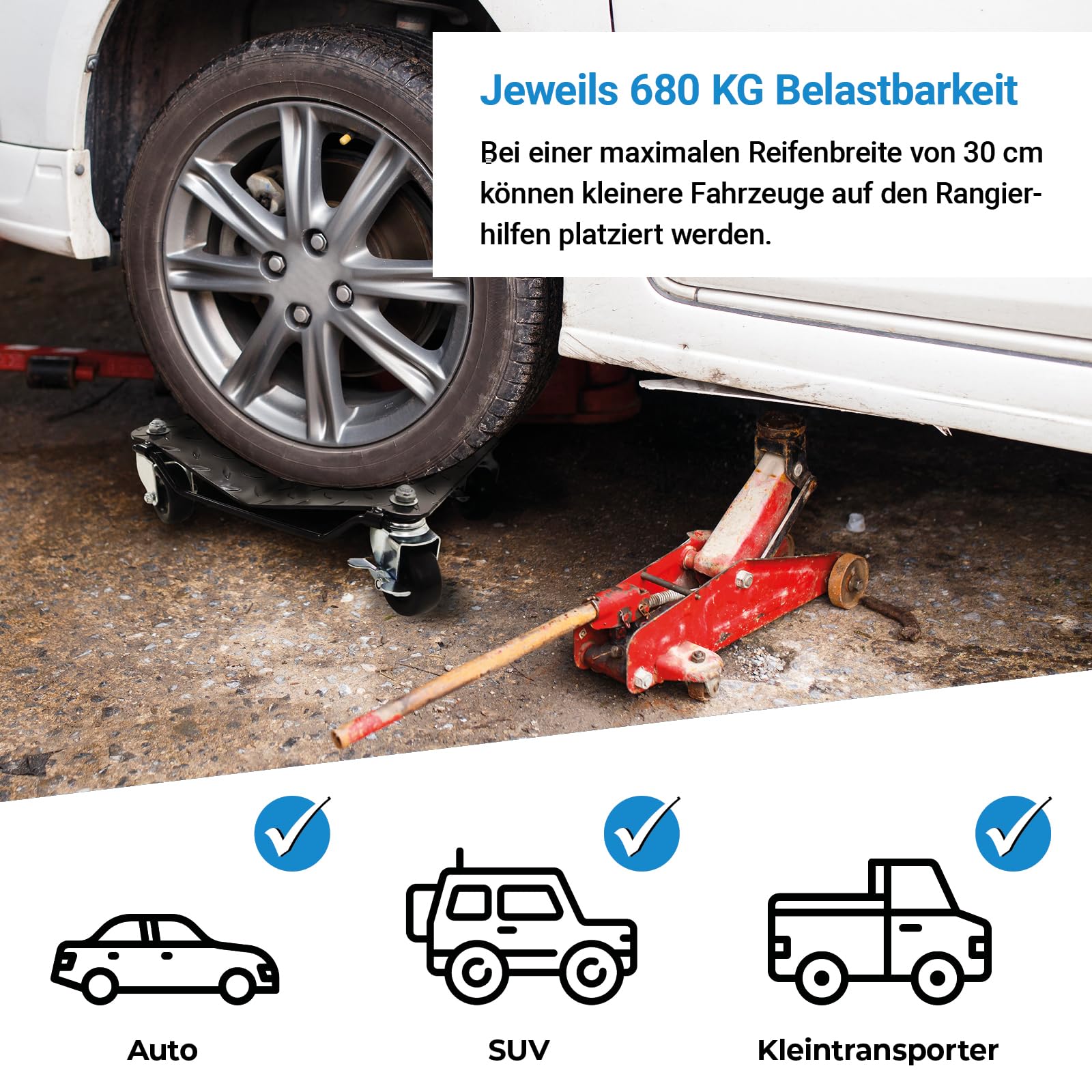BITUXX 2 Stück Stahl Rangierhilfe für PKW Auto Rangierroller Rangierheber Wagenheber Roller Bis 680Kg Belastbar pro Rangierroller Schwarz