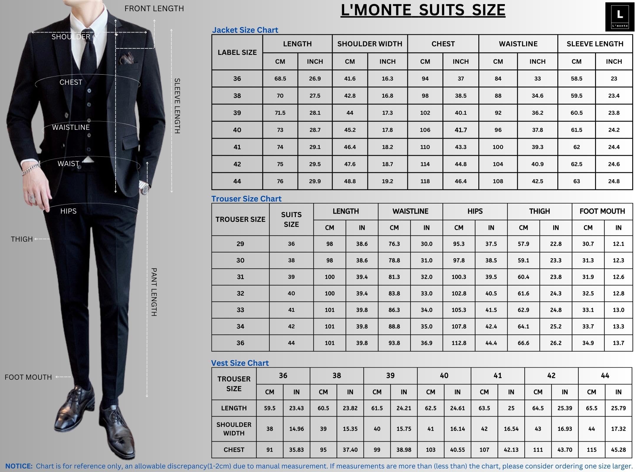 L'MONTE Imported 3 Piece Suit Blazer for Men Formal Slim Fit Two Button Closure Coat Vest & Pant Set for Business and Wedding Party (44, Grey) 3