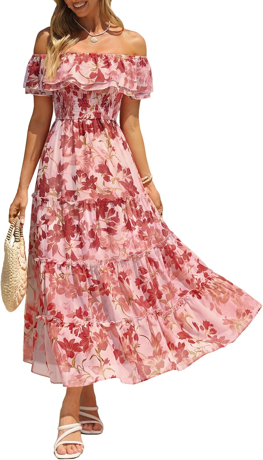 Simplee Womens Spring Ruffle Off Shoulder Floral Maxi Dress Summer Smocked Tiered Beach Flowy Wedding Guest Long Dresses