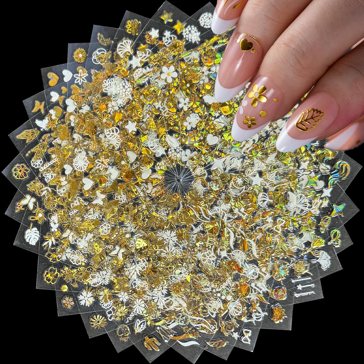 30 Sheets Gold Nail Art Stickers 3D Self-Adhesive Nail Decals Holographic Laser Gold Floral Star Heart Leaf Nail Design Nail Supplies for Women Girls
