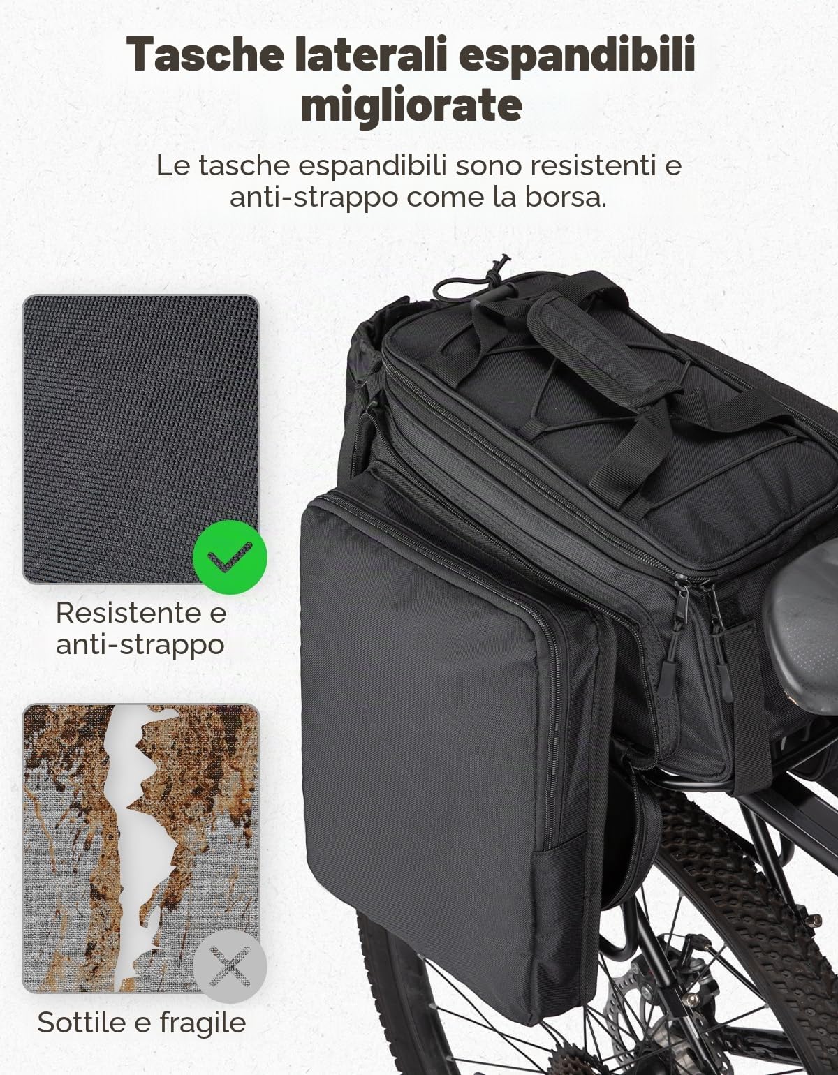 KEMIMOTO 2 IN 1 Borse per Bici, 9L-15L Borse Bici Posteriore Laterali Espandibile con Tracolla, Borsa per Bicicletta Impermeabile con Copertura Anti-Pioggia per Strada Bike Mountain Bike, Nero