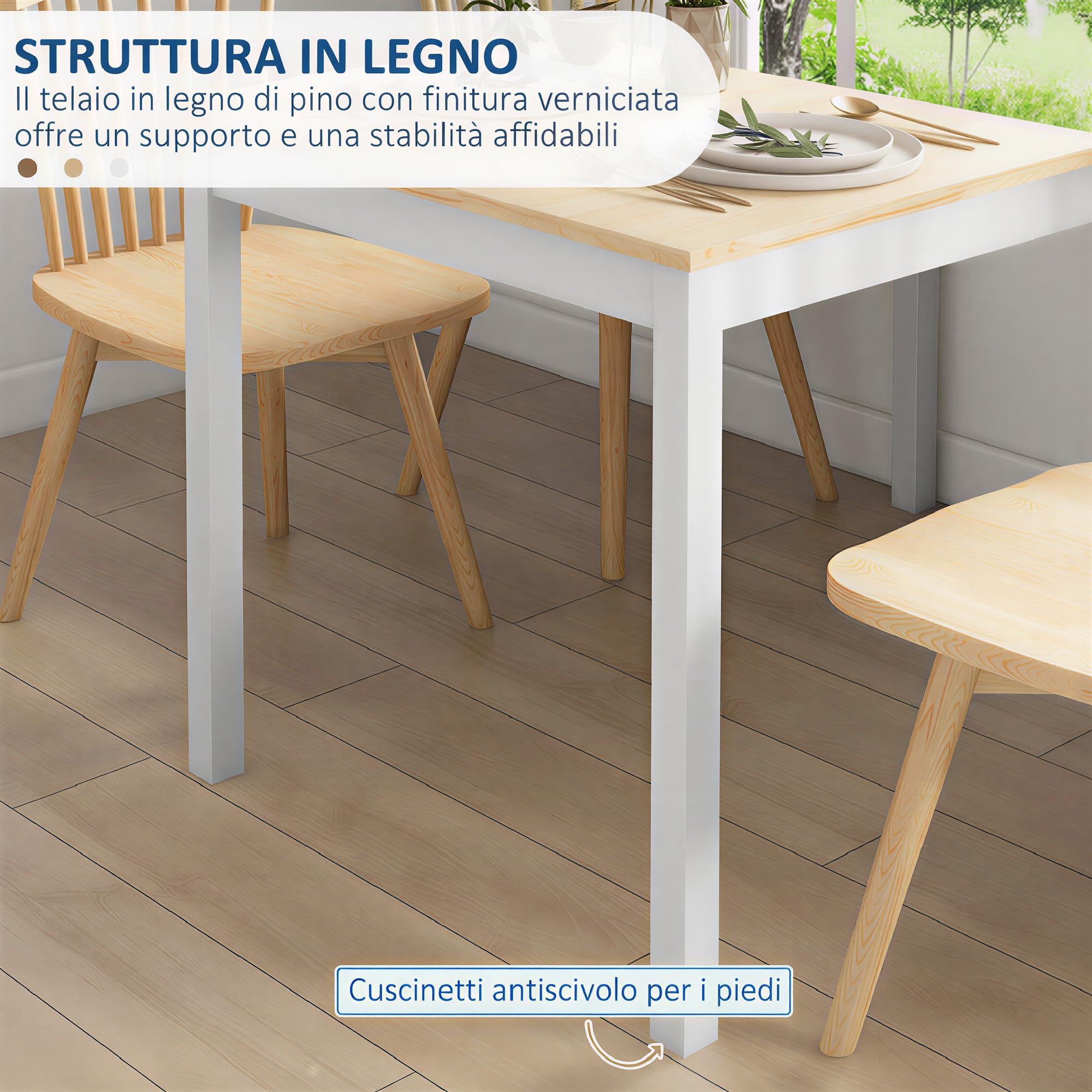 HOMCOM Tavolo da Pranzo per 4 Persone 120x75x75 cm Bianco e Colore Legno | Minimal, Tavolo in Legno di Pino, Piedini Antiscivolo