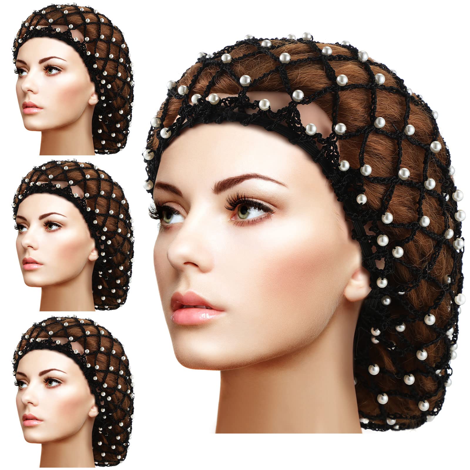 4 Pieces Pearl Hair Net Rayon Hair Net Sleep Hair Nets Hair Cover Ornament Rayon Knit Hair Supplies (Black)