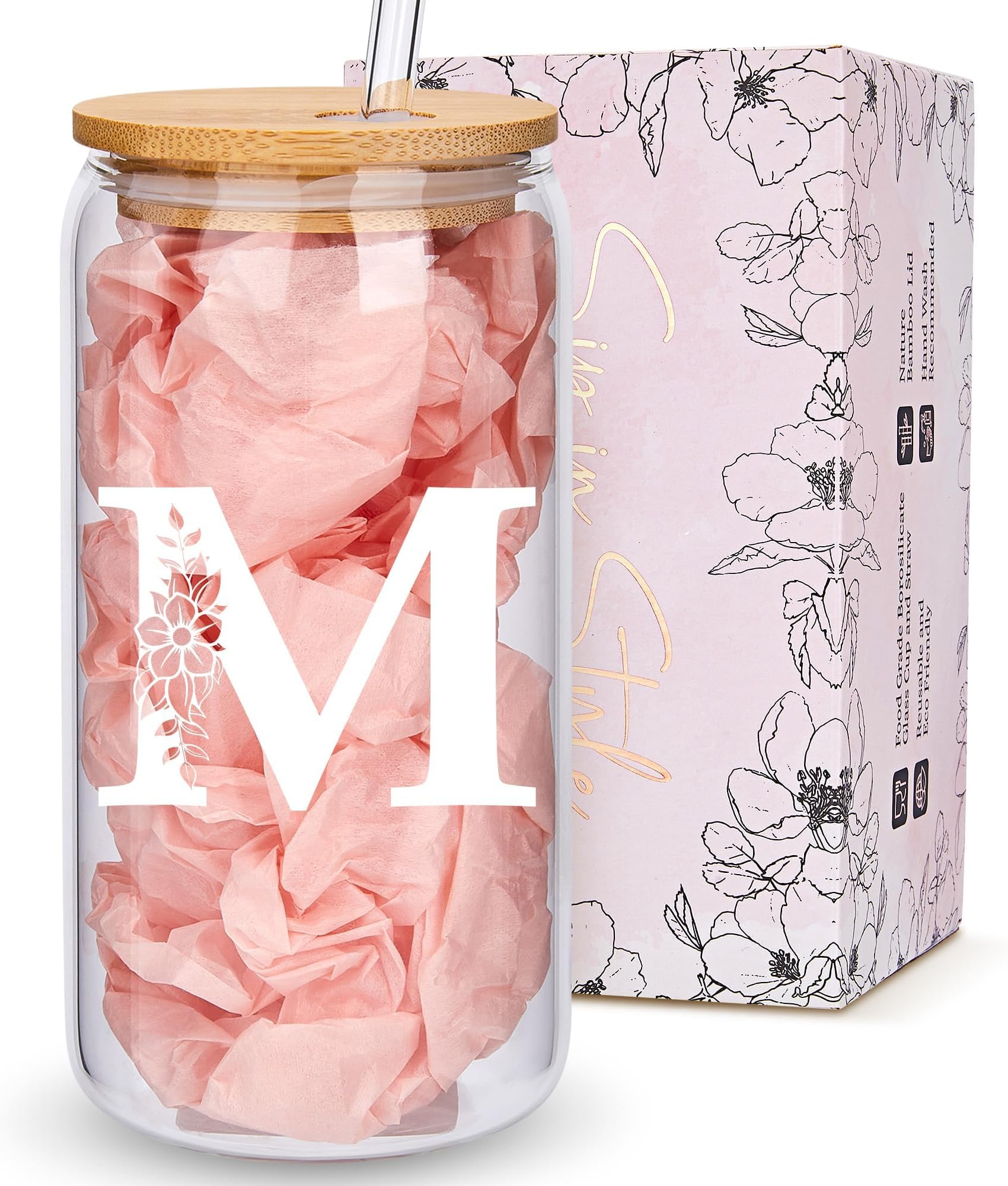 Personalized Gifts for Women, Monogrammed Glass Cups with Lids and Straws, Custom Tumbler, Cute Customized Mug, Aesthetic Stuff, Initial Iced Coffee Cup, Drinking Glasses, Birthday Teacher Gifts, M