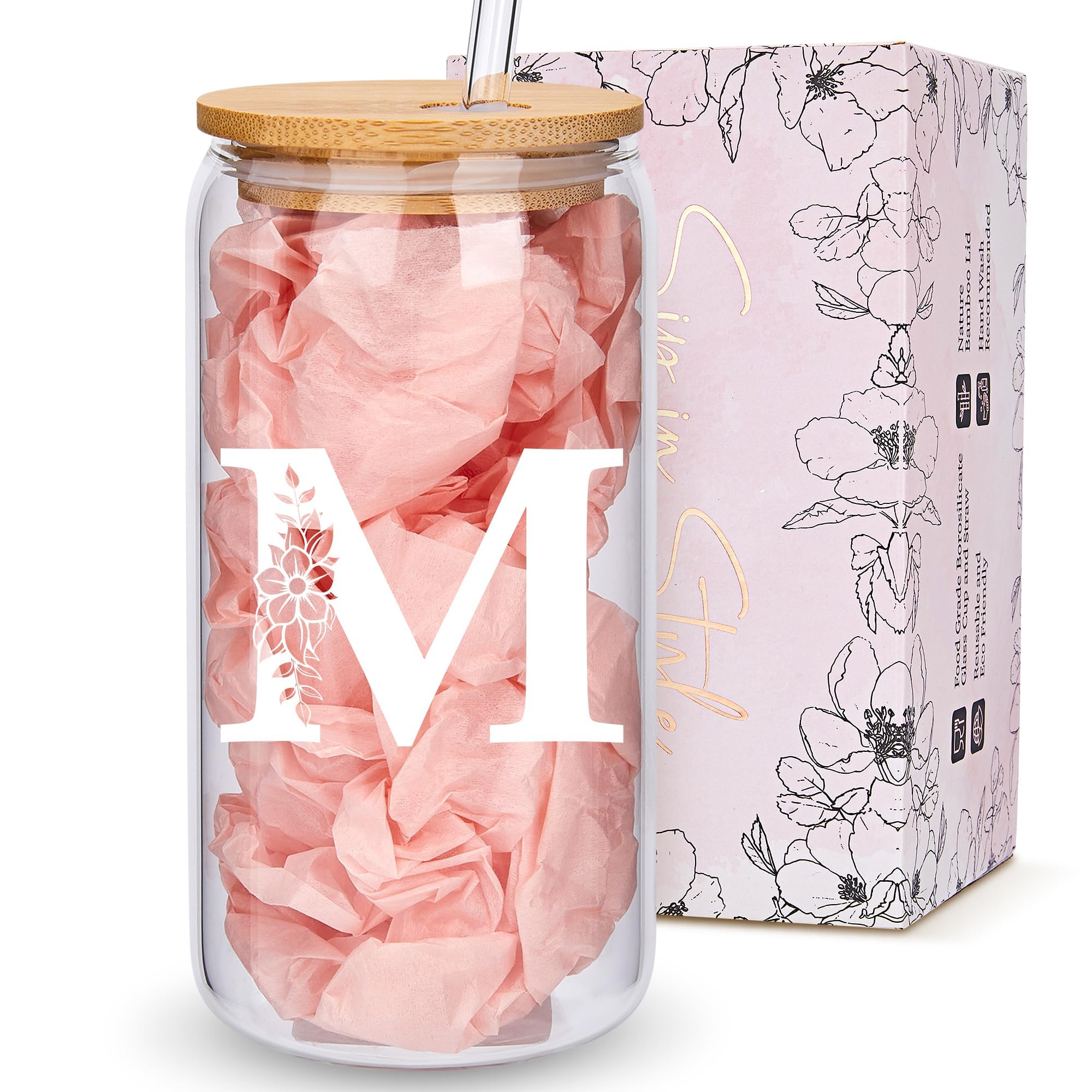 Personalized Gifts for Women, Monogrammed Glass Cups with Lids and Straws, Custom Tumbler, Cute Customized Mug, Aesthetic Stuff, Initial Iced Coffee Cup, Drinking Glasses, Birthday Teacher Gifts, M