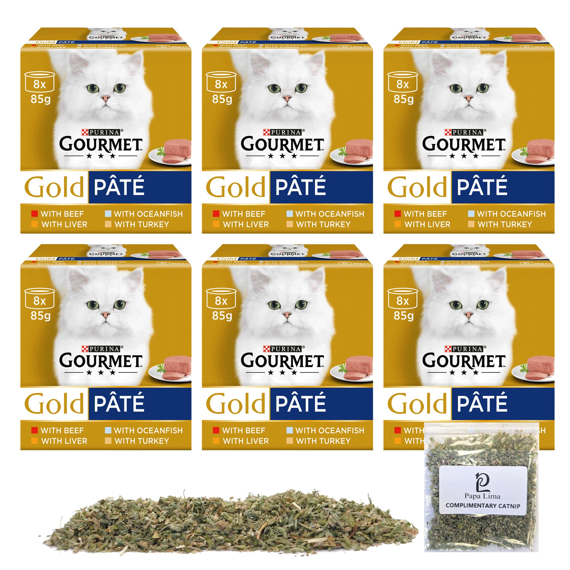 Wet Cat Food Bundle | Paté with Ocean Fish, Liver, Turkey and Beef Flavours | Pack of 6 | 48 x 85g Tins + Papa Lima Pure Canadian Catnip for Happy, Healthy Cats