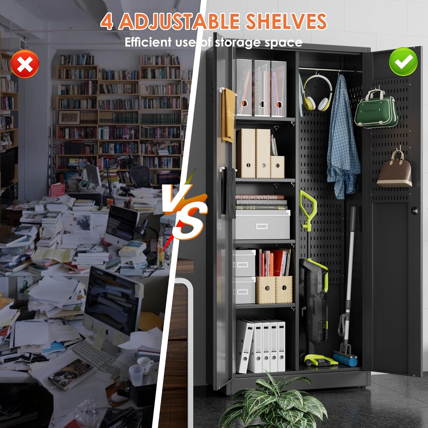 Aobabo Broom Closet Storage Cabinet, Lockable Garage Storage Cabinet for Home Garage, 71.37" H×33.93" W×16.92" D, Assembly Required, Black