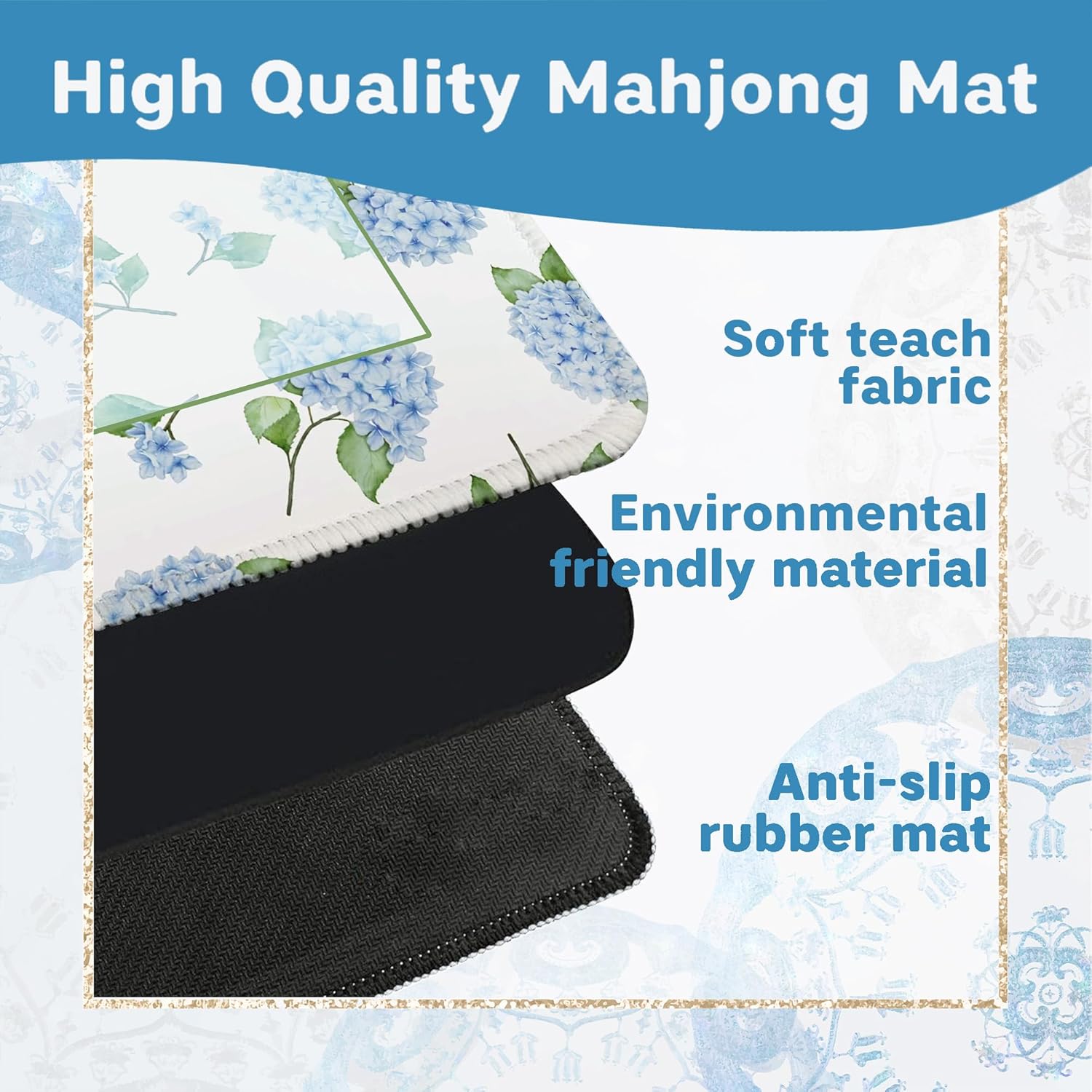 Blue Hydrangea Flower Mahjong Mat for Table 31.5 x 31.5 in, Grandmillennial Blue Floral Cottagecore Anti-Slip Mahjong Table Cover Tablecloth for Poker Board Card Tile Game Dominoes