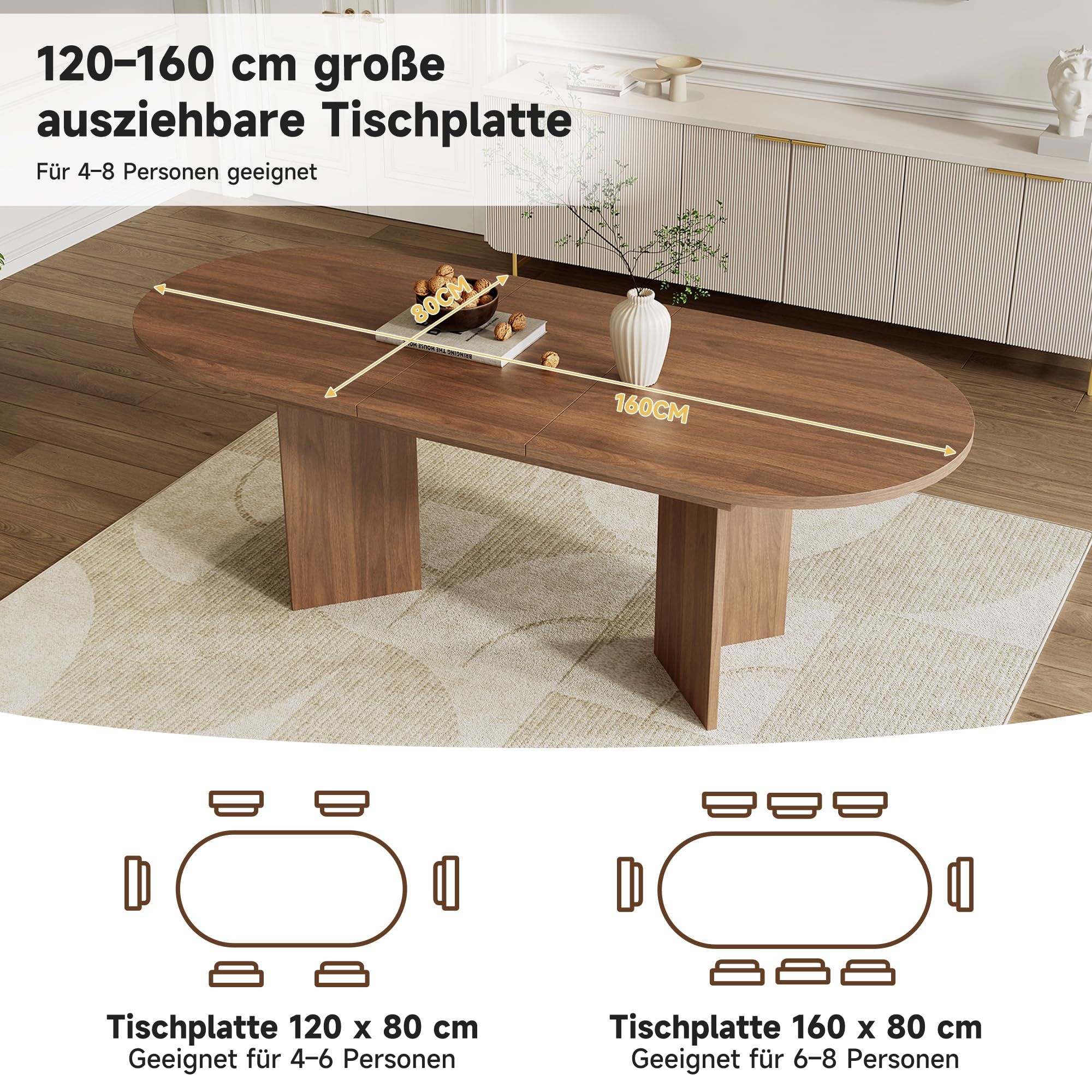 Table à manger extensible 120/160 x 80 cm, table à manger extensible pour 4-6 personnes, table de cuisine rectangulaire avec coins arrondis et plateau de 18 mm (noyer, 120/160 x 80 cm)