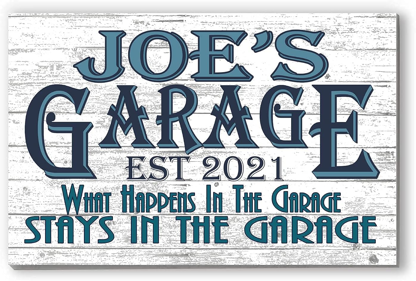 Garage Sign Personalized with Name & Year – Custom Wall Art for Men – Gift for Dad, Husband, Grandpa – “What Happens in the Garage” Quote – 16.5" x 10.5"