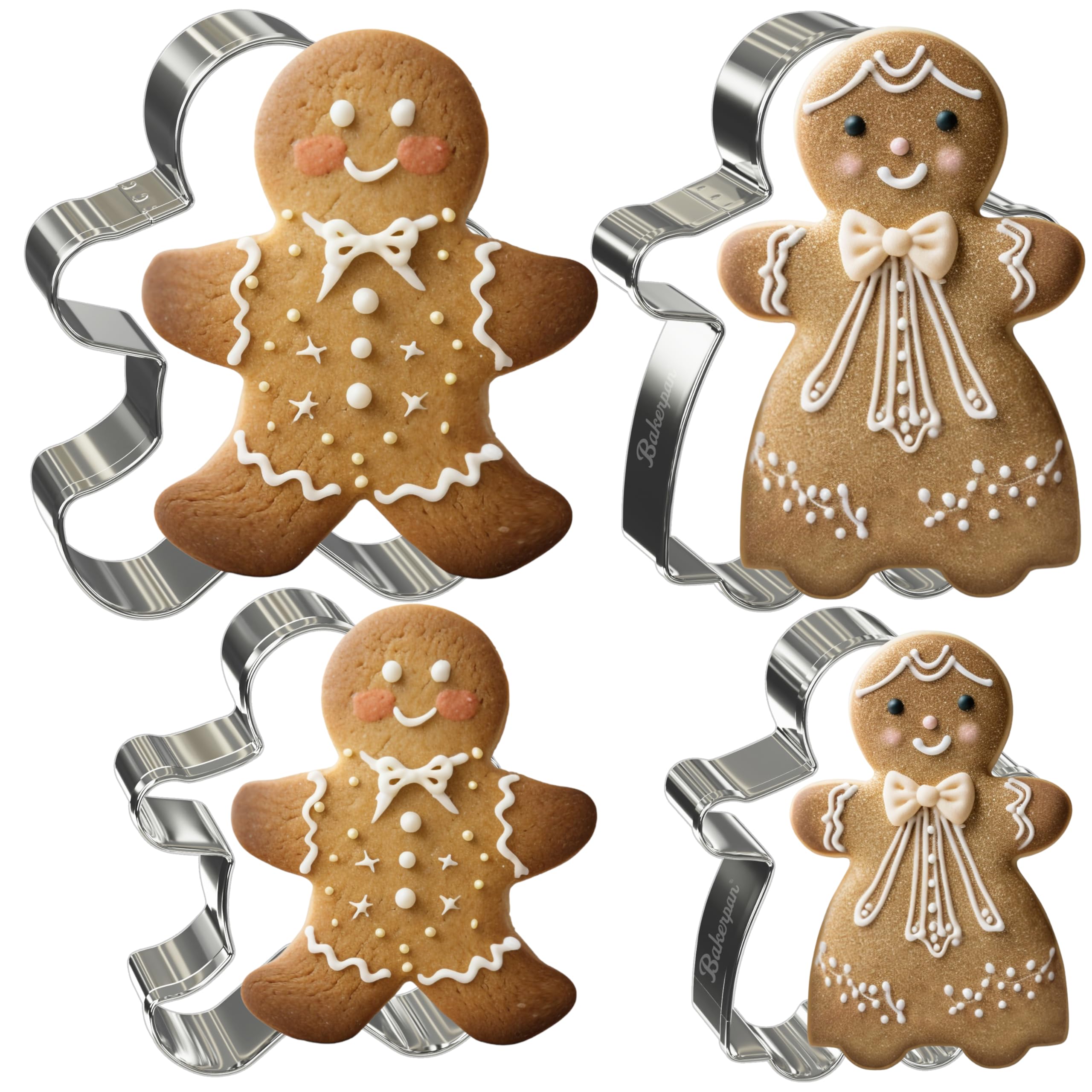 Bakerpan Stainless Steel Gingerbread Cookie Cutters, Boy and Girl Gingerbread Cookie Cutter Set - 3.5 & 4 Inch