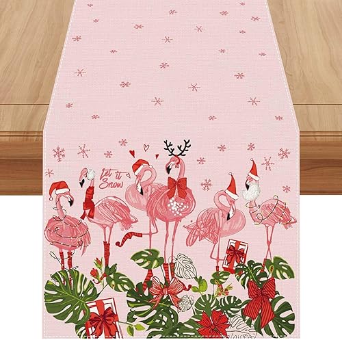 Jiudungs Camino de mesa de Navidad de flamenco tropical hawaiano rosa de lino de 108 pulgadas de largo, playa de Hawaii, Navidad, invierno,