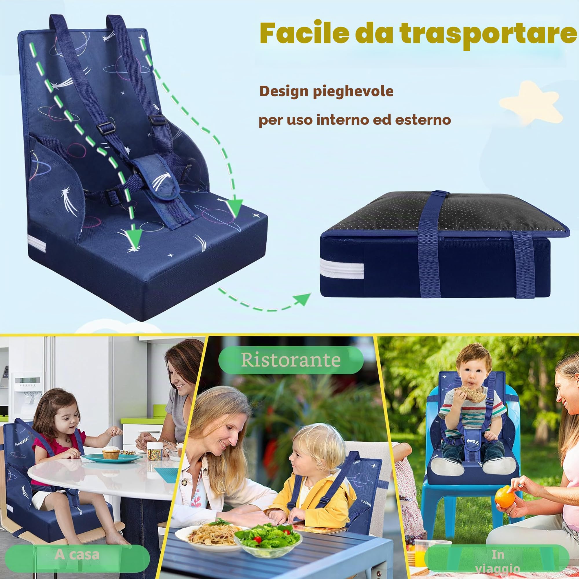Sedia per bambini portatile con cintura di sicurezza regolabile antiscivolo lavabile blu