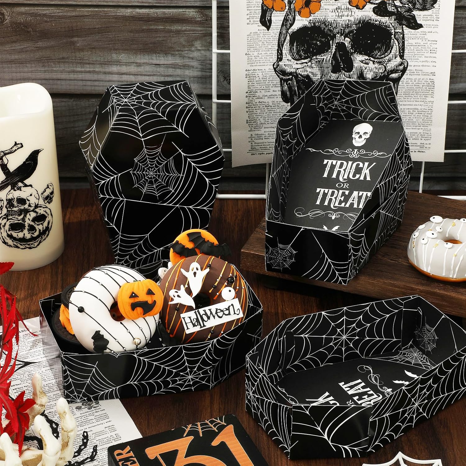 JarThenaAMCS 100Pcs Halloween Coffin Snack Trays Trick or Treat Paper Food Trays Black White Bat Skull Spider Web Coffin Boxes for Halloween Party Food Storage Serving Supplies image 4