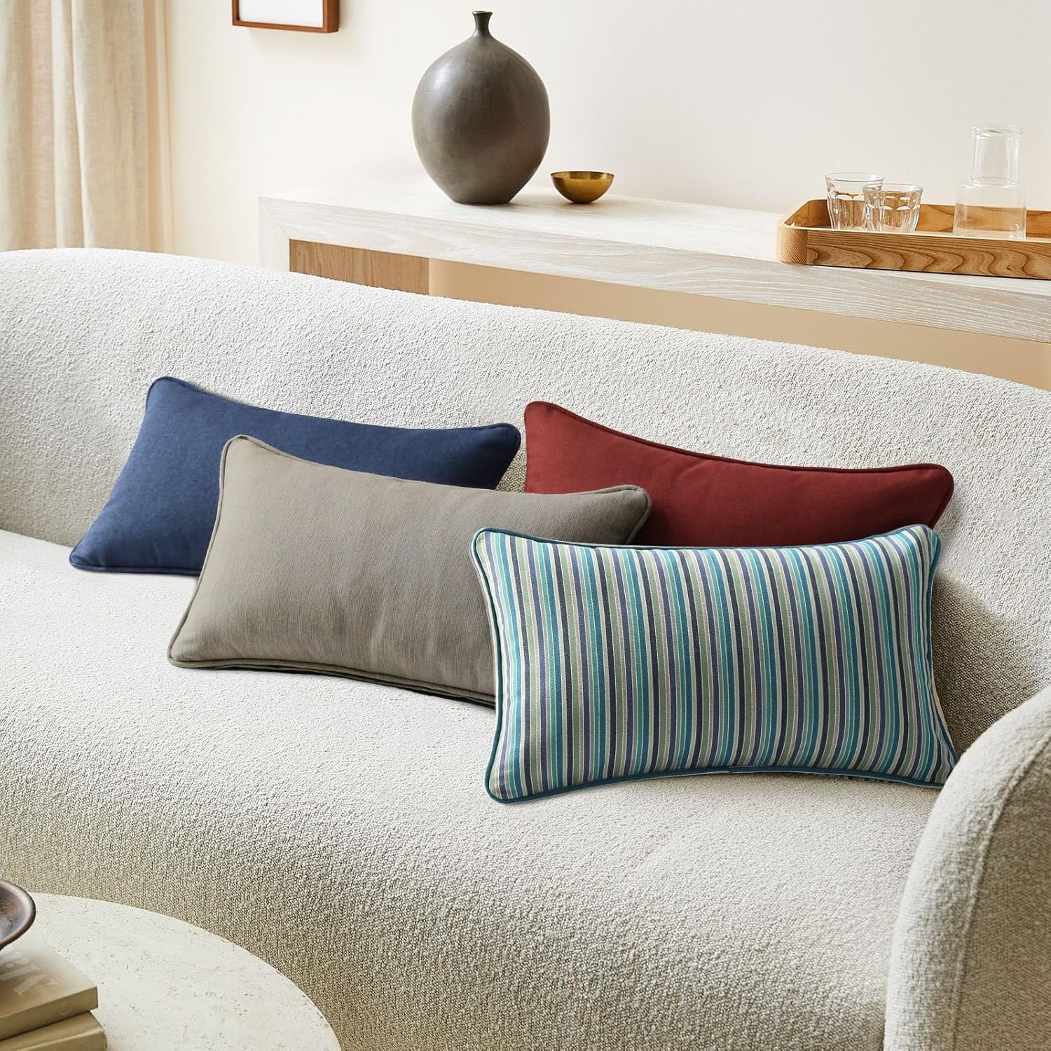 Sunbrella Decorative Outdoor Water Repellent Throw Pillows with Inserts, Set of 4, 20" x12" Pillows for Patio, Backyard, Bed, Couch, and Patio Furniture, Cast Shale