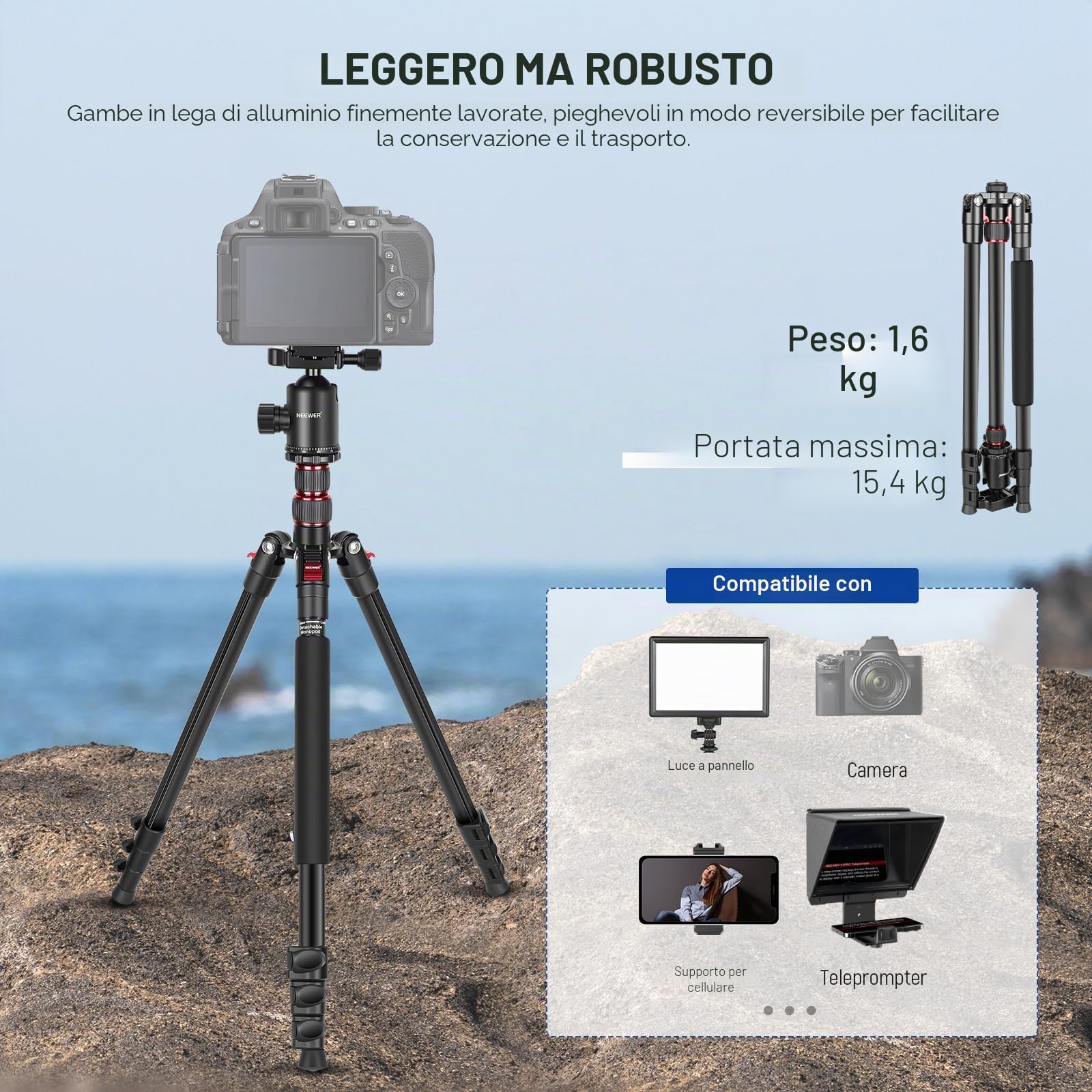 NEEWER 77'' Treppiede Fotocamera, Treppiede Monopiede Pieghevole Alluminio DSLR, Telefono con Testa a Sfera Panoramica 360°, Colonna Centrale a 2 Assi, Piastra Arca QR e Borsa, Carico Max 34lb, TP77