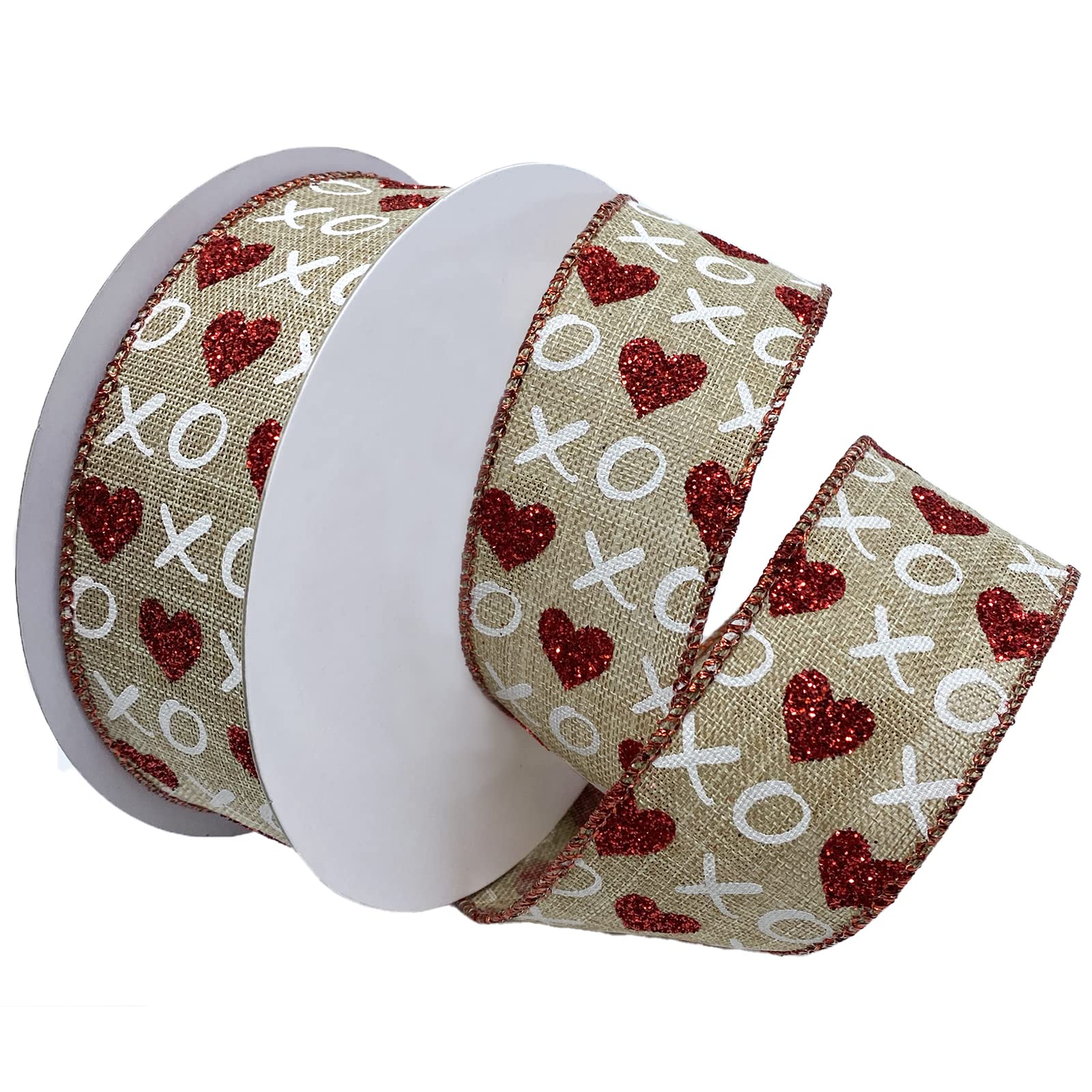 Ruban Hugs & Kisses Morex Ribbon naturel et rouge pour création
