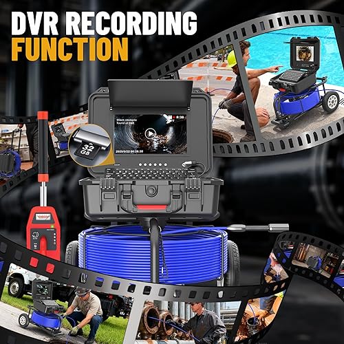 Miniatura 7 de POWERWILL Cámara de alcantarillado autonivelante impermeable IP68, cable de fibra de vidrio de 246 pies y 0.276 in y sonido de 512 Hz, monitor HD