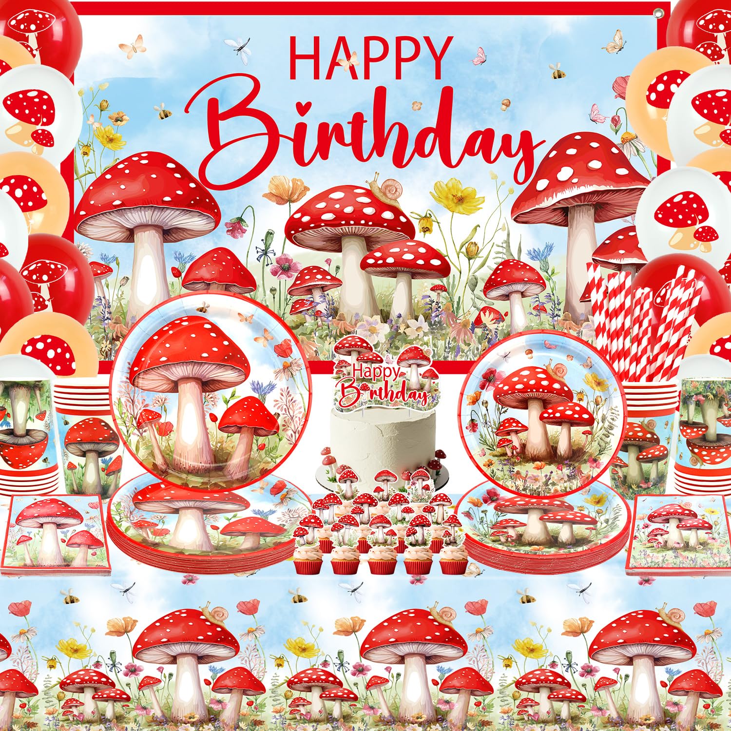Mushroom Birthday Decorations, Mushroom Party Decoration, Plates Cups Napkins Tablecloth Happy Birthday Backdrop Balloon Cake Toppers for Mushroom Themed Party Supplies, Serves 20
