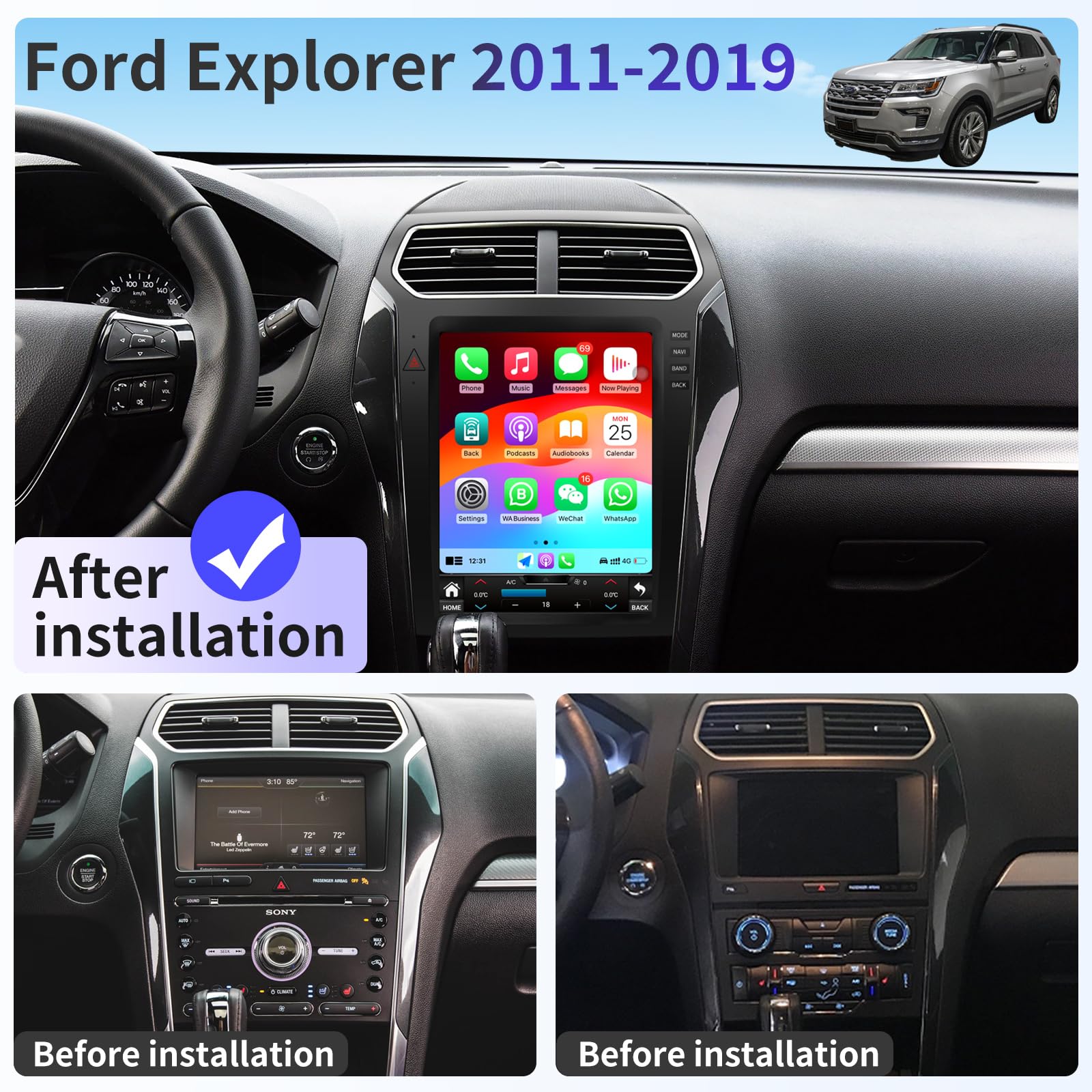 Car Radio for Ford Explorer 2011-2019 Stereo Upgrade 12.1 inch Touch Screen Tesla Style Head Unit Replacement with Wireless Carplay & Android Auto GPS Navigation DSP Bluetooth 4G WiFi FM/AM SWC