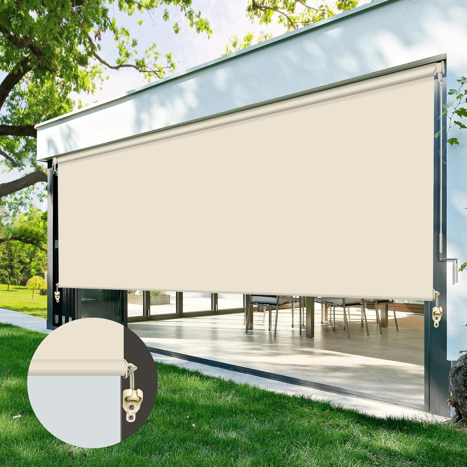 ZY Blinds Exterior Blackout Cordless Window Blinds, Waterproof Beige Fabric Outdoor Roller Shades, Sunlight Protection Pull Shade Privacy Screen for Deck, Porch, Balcony, Backyard