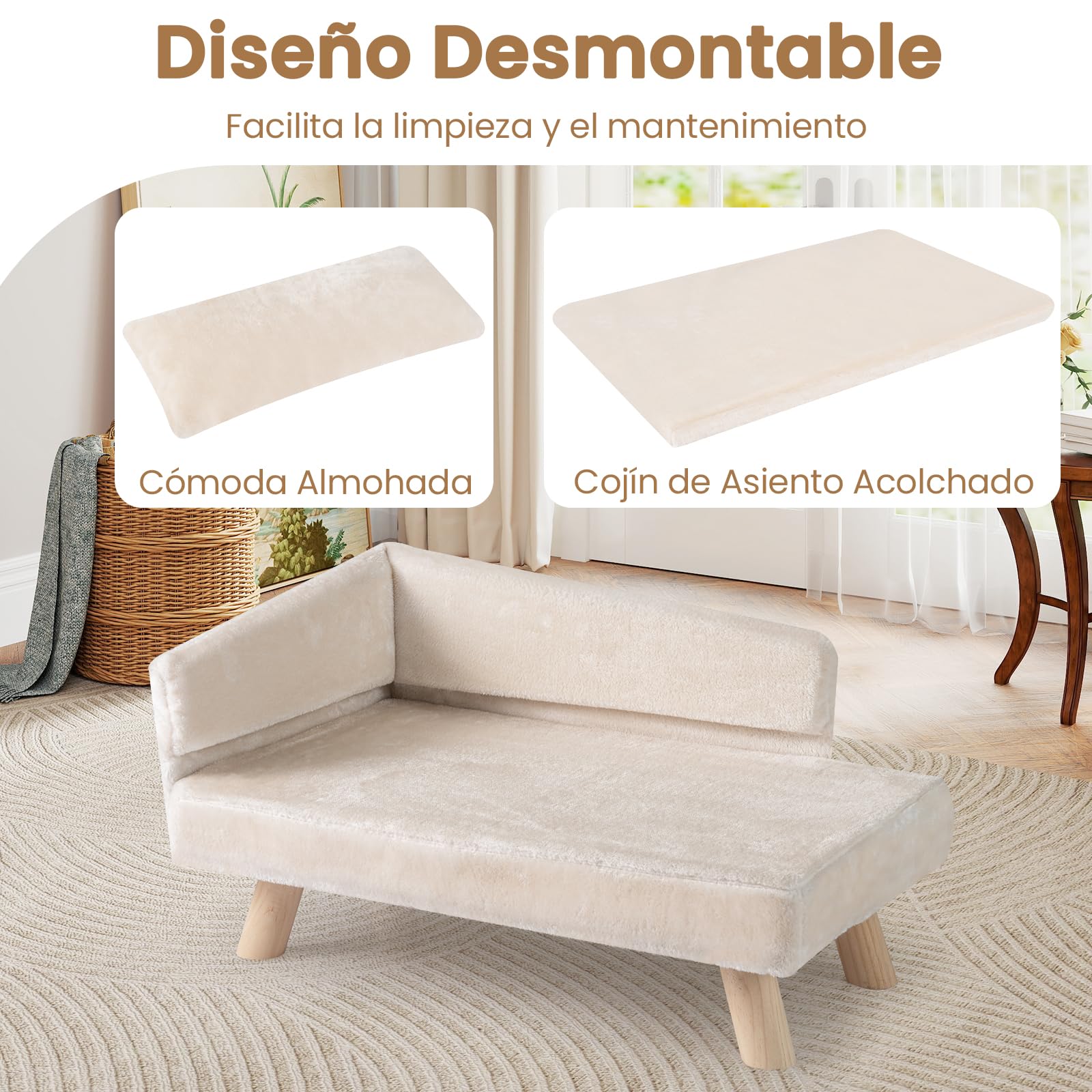GYMAX Cama para Perros de Interior, Sofá para Mascotas con Patas de Madera de Pino Elevadas, Respaldo Alto, Cojines Desmontables, Cama Acolchada para Gatos Animales de Tamaño Mediano, Pequeño (Blanco)