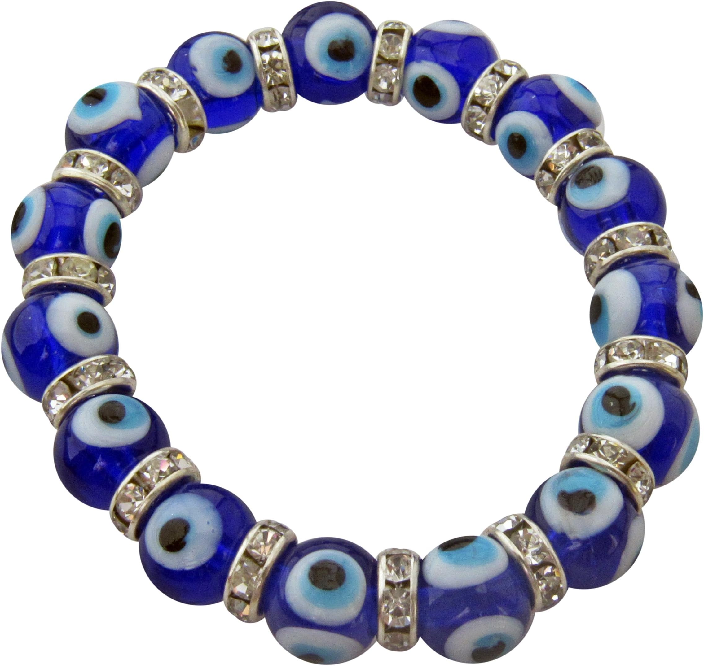 Evil Eye Stretch Charm Girls Bracelet with Navy Blue Murano Glass Beads and Zircon Crystals