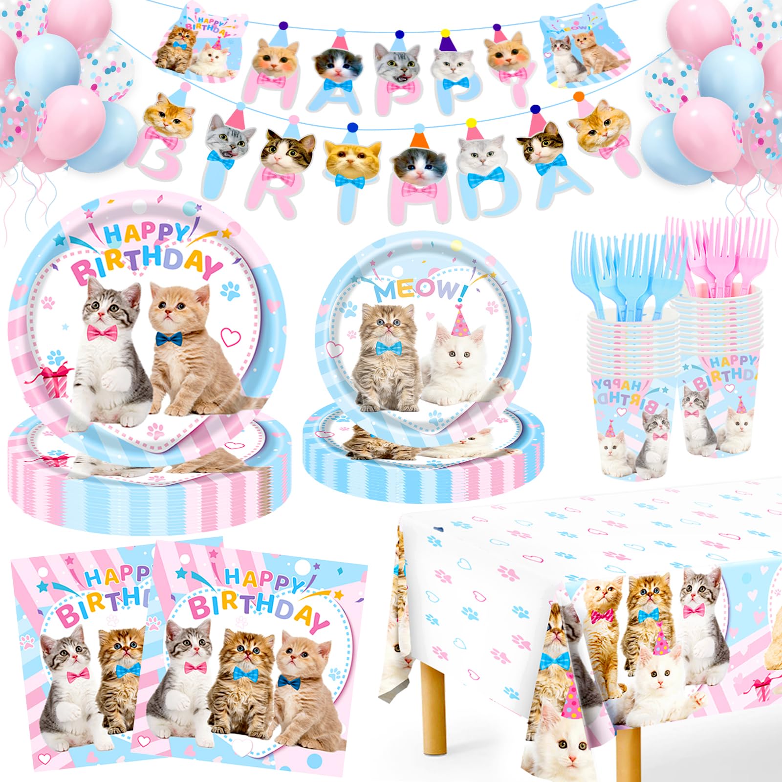 Cat Birthday Decorations, 146Pcs Cat Party Supplies-Serves 24 Kitten Party Disposable Tableware with Party Plates Cups Napkins Tablecloth Balloons for