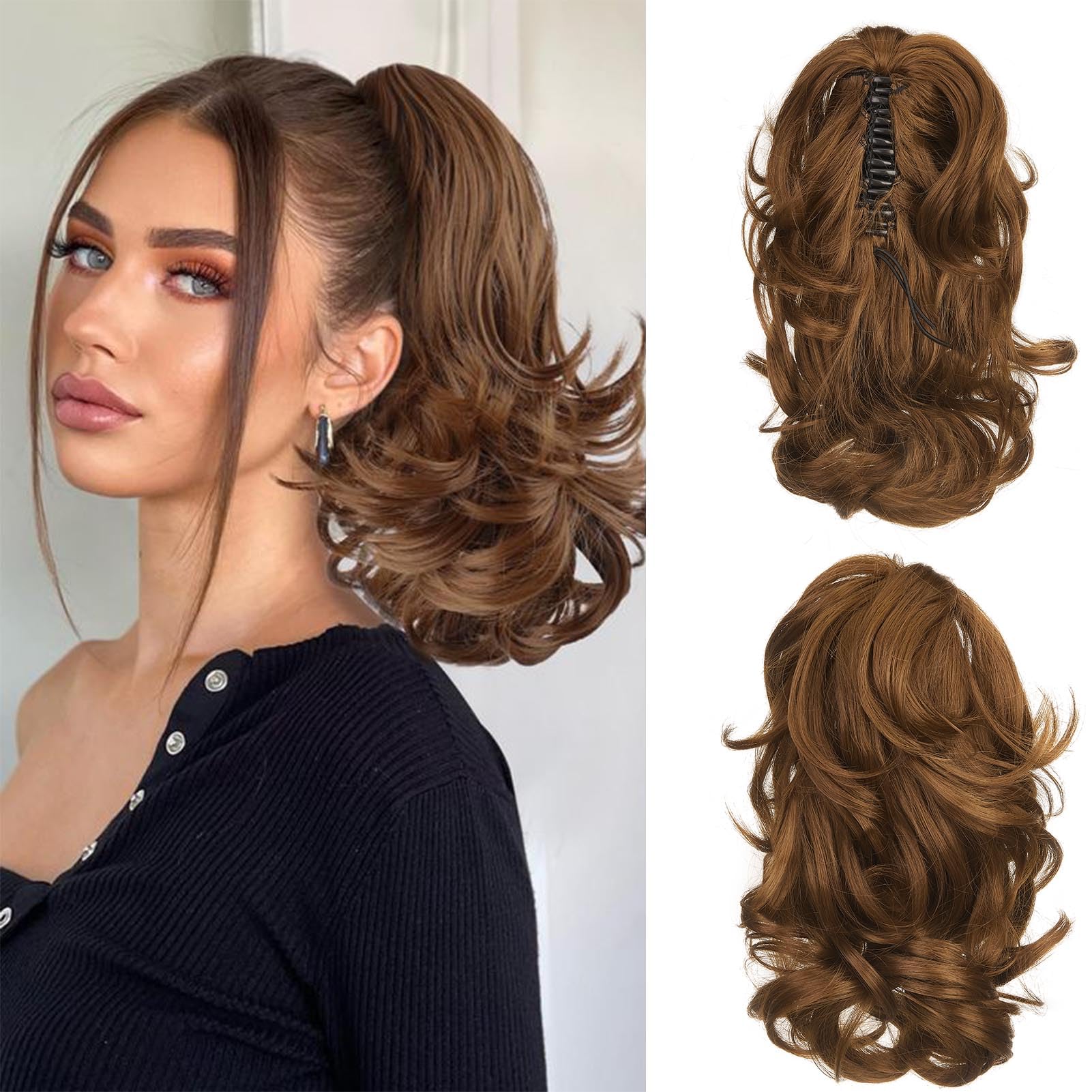 Cybelleza 14 inch Ponytail Hair Extension Curly Wavy Claw Jaw on Long Short Cute Pony Tails Clip in Hair Extensions Ponytail Hairpieces Synthetic for Women Light Auburn