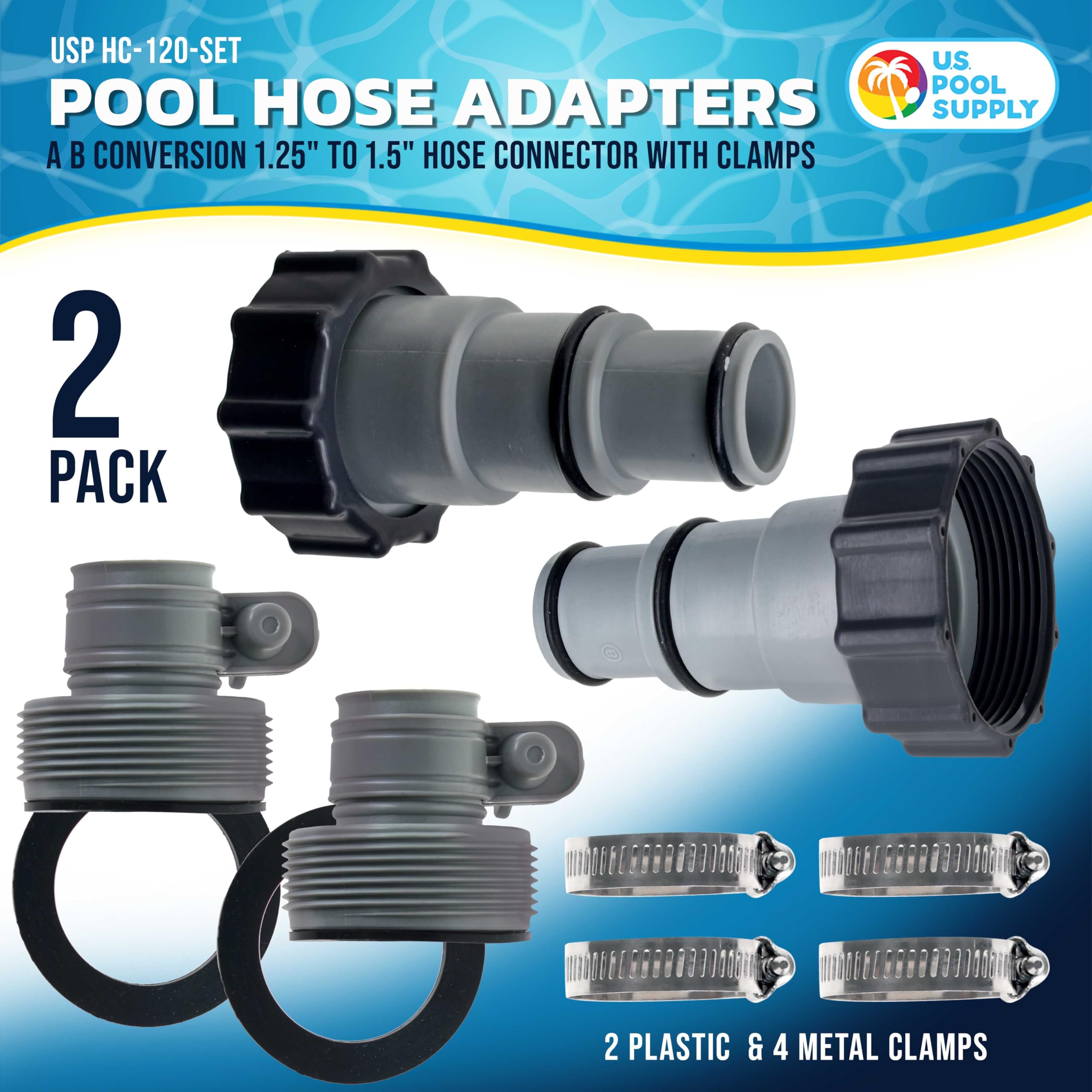 U.S. Pool Supply Adaptador de manguera de piscina A B de conversión de 1.25 a 1.5 pulgadas, conector de manguera con abrazaderas, paquete de 2 – Reemplazo sobre el suelo compatible con bombas de