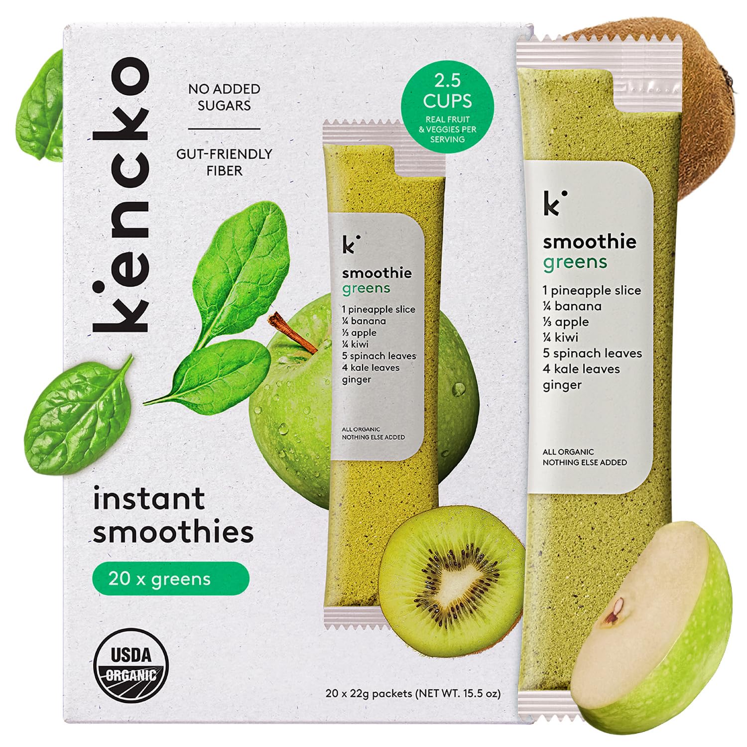 kenckoGreens Smoothie Mix Packets - 20 Instant Breakfast Smoothies Made of Nature’s Original Superfoods - Pineapple, Apple, Kale, Spinach & More - Organic Fruit & Veggie Healthy SmoothiesUSDA Organic