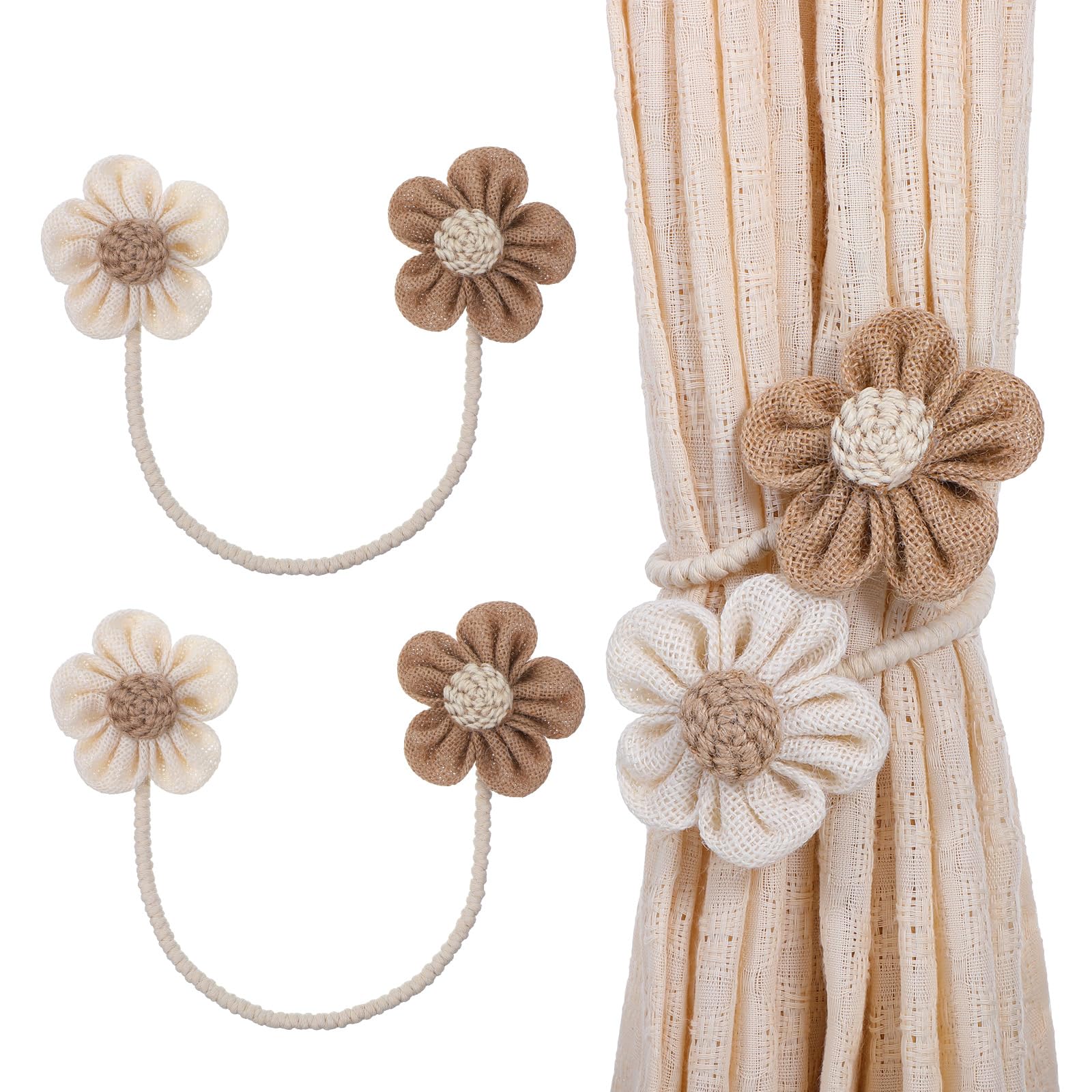MAKNGRID 2 Bedroom, Flower Statement Rustic Ties Brown Balcony, – Boho, Tassel Rope Office, Drapery Curtain Handmade Accessories for No-Drill Farmhouse, Holdbacks Tiebacks Beige Pcs