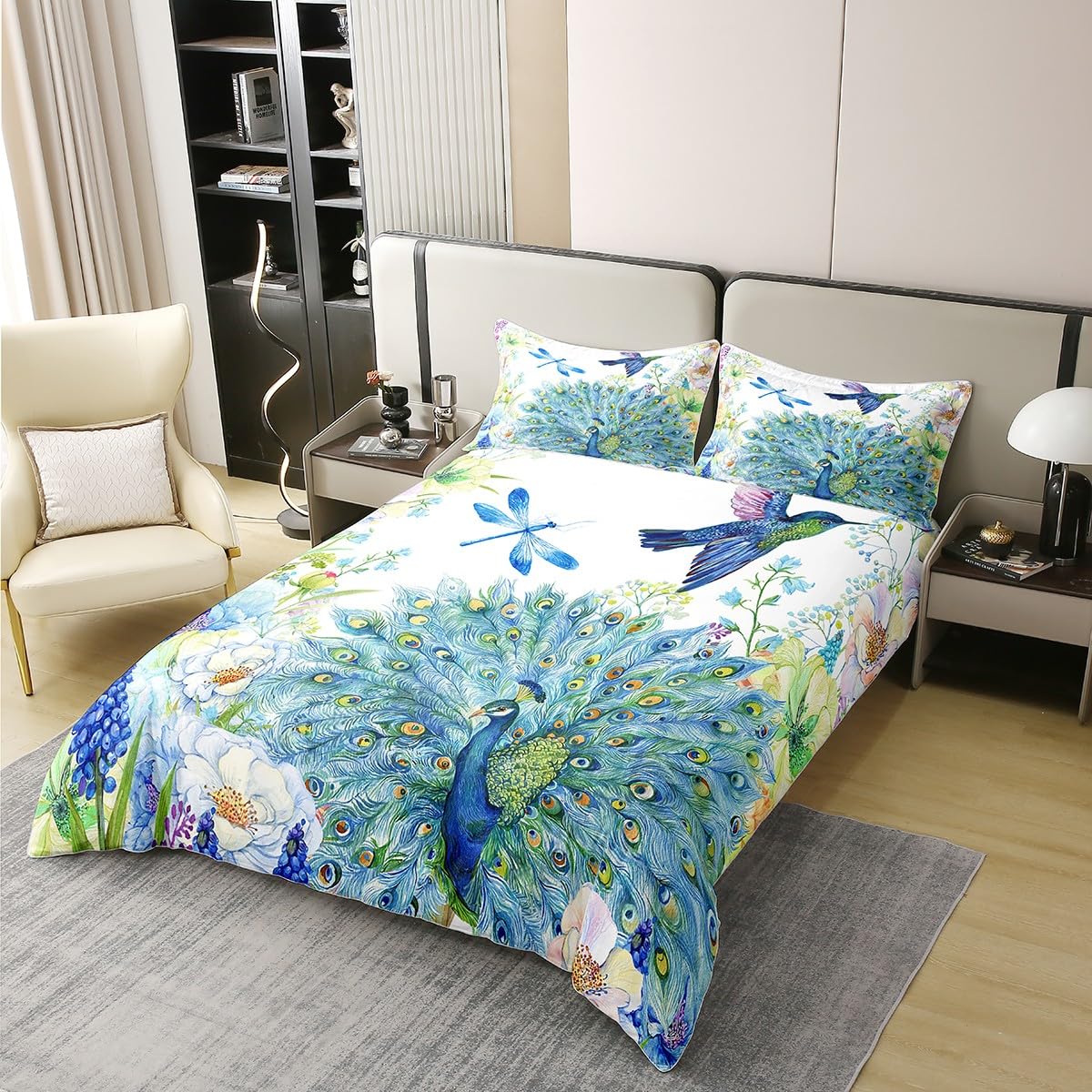 Peacock 100% Cotton Duvet Cover Set Double Hummingbird Dragonfly Comforter Cover Flower Birds Pattern Bedding Sets for Girls Women Navy Blue Floral Animals Fresh Nature Quilt Cover with 2 Pillow Cases - Image 3