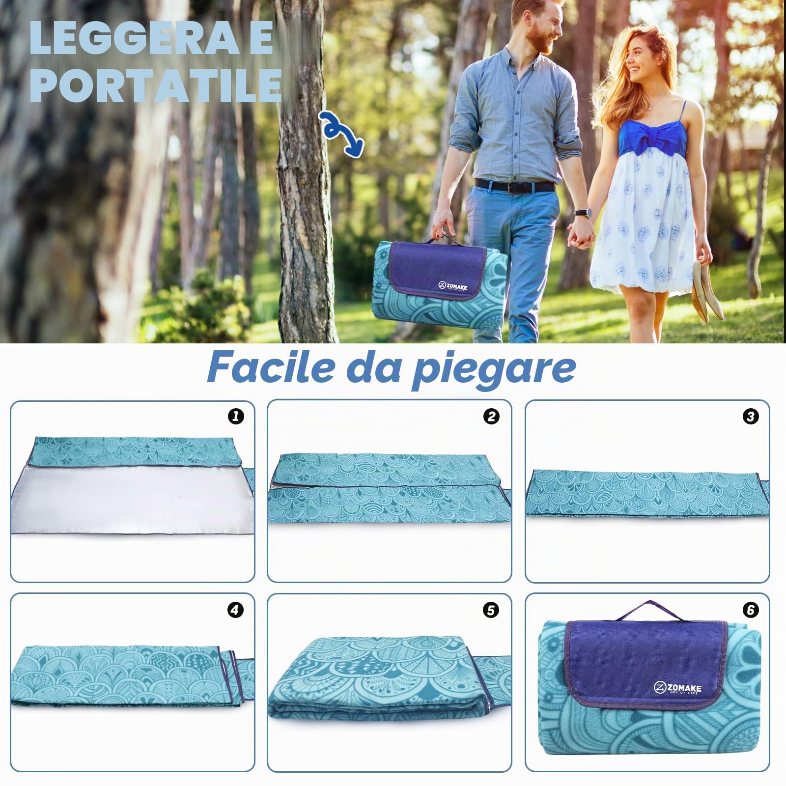 ZOMAKE Coperta Picnic Impermeabile 200x200,Pieghevole Telo da Picnic Tappeto Plaid Pic Nic Portatile con Manico - Stuoia Picnic Blanket Ideale per Esterno Campeggio Giardino Prato Spiaggia