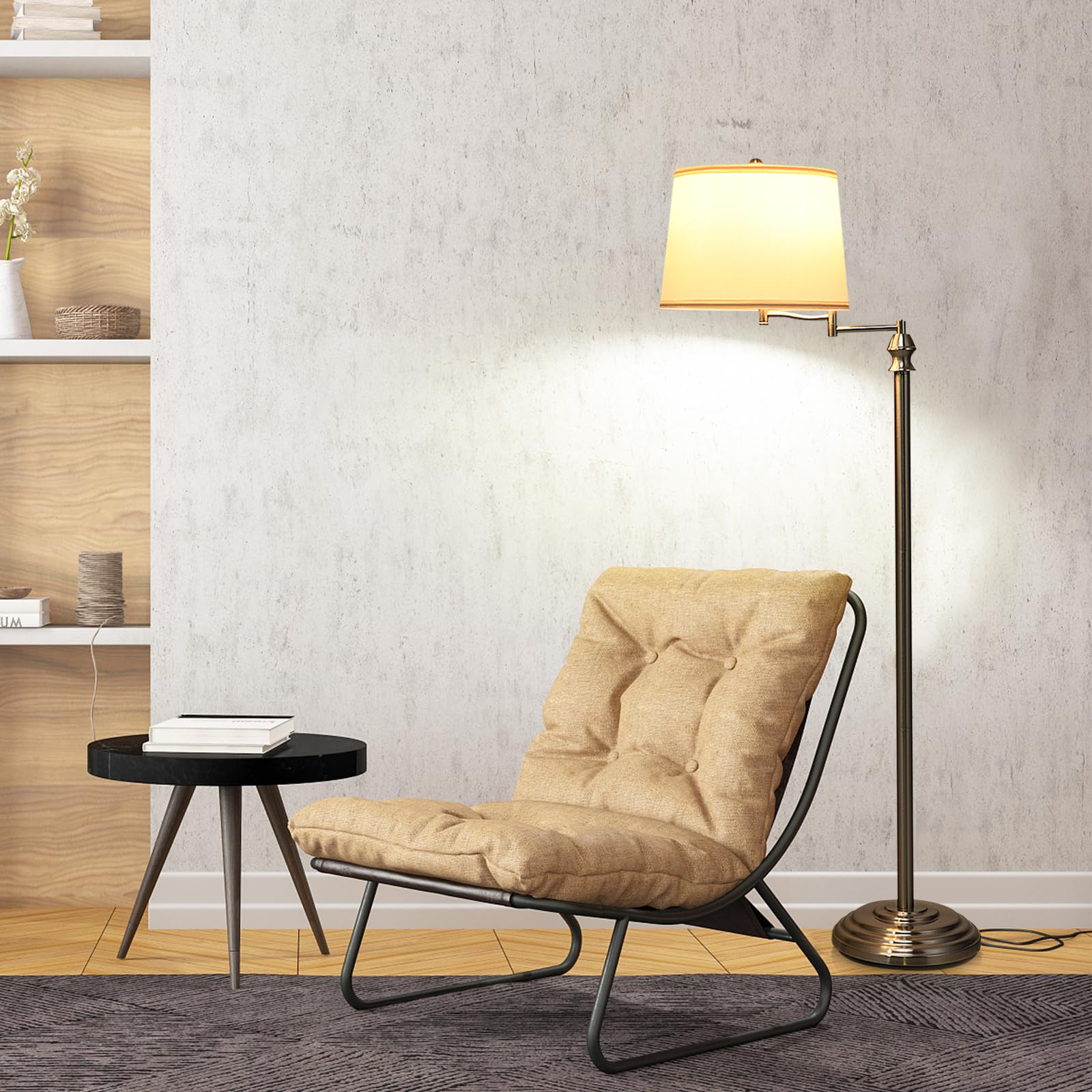 HOMASIS Lampada da Terra, Lampada da Piantana, Lampada Girevole ed Estensibile con Paralume Beige in Tessuto e Base Stabile in Ferro, Senza Lampadina, E27,40W, per Salotto, Studio, 28,5 x 152 cm