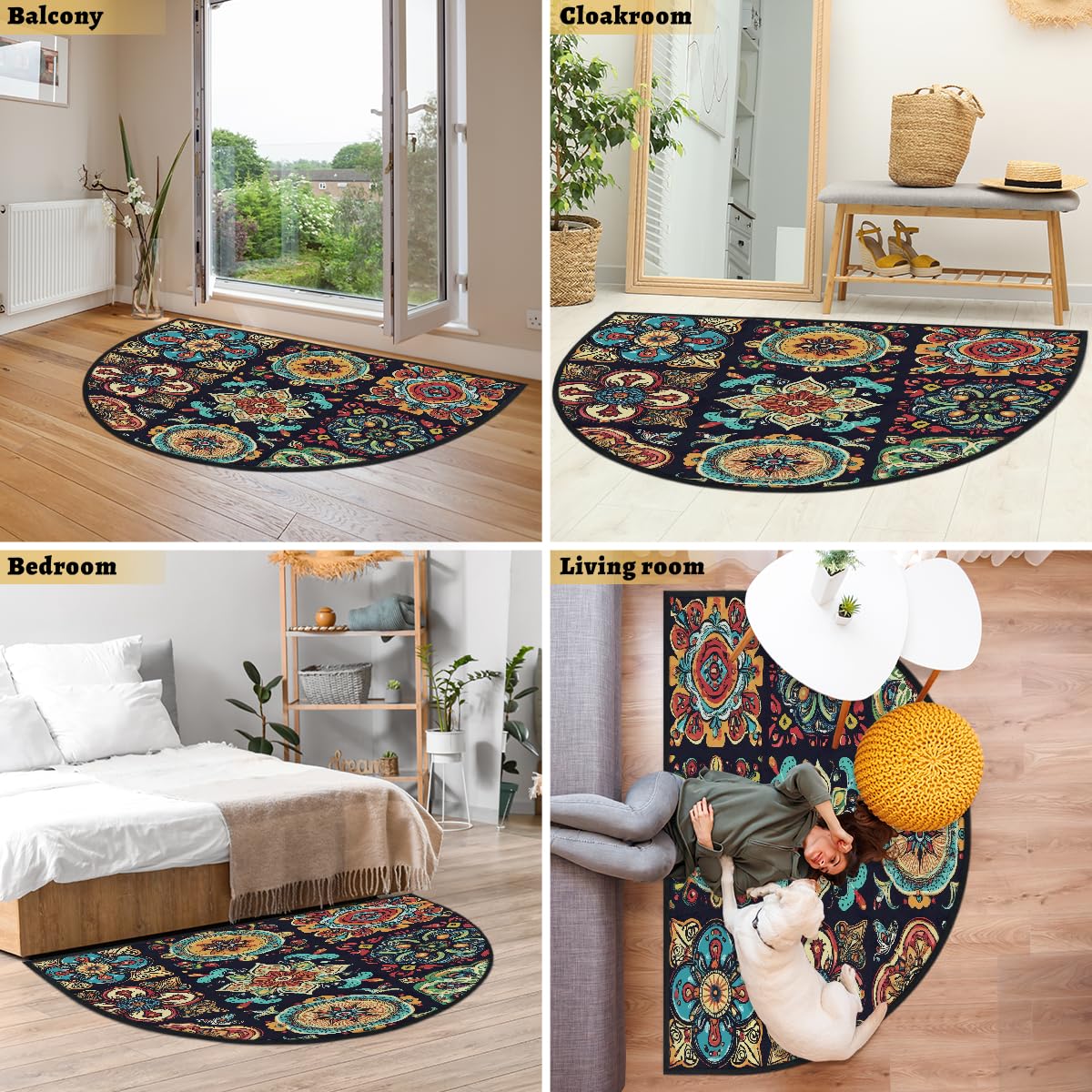 Mexpekil Paillasson mexicain ethnique floral demi-lune pour intérieur et extérieur, antidérapant, lavable, absorbant, anti-saleté, 100 x 160 cm
