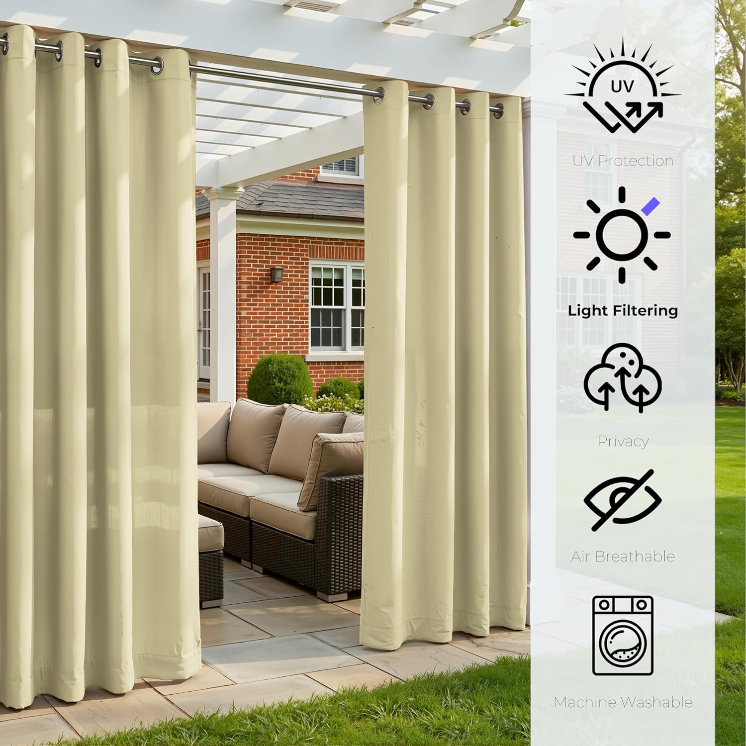Set of 4 Outdoor Curtains for Patio Waterproof, Grommet Privacy Panels for Porch, Pergola & Gazebo, Light Filtering, Weatherproof, 37W x 84L Inches, Beige