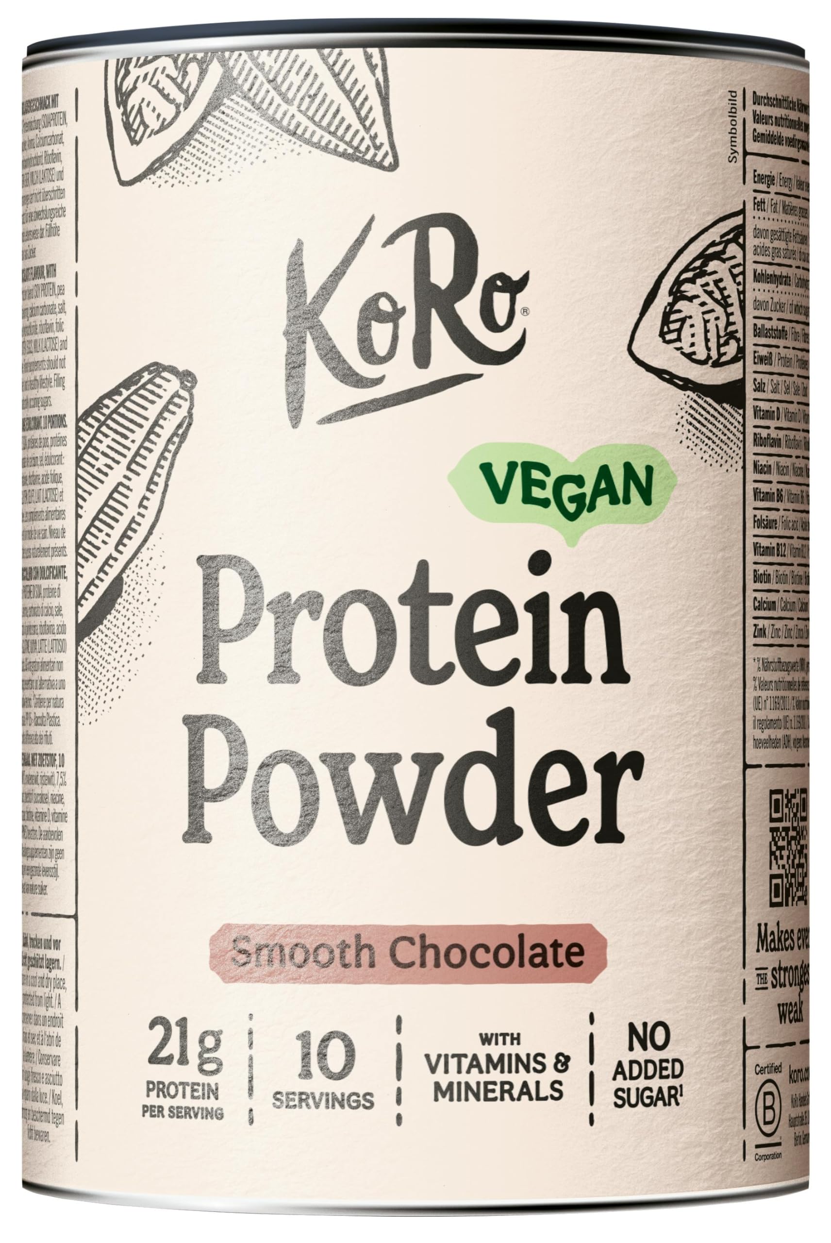 KoRo - Vegan Protein Powder Smooth Chocolate 300 g - Aus Reis-, Erbsen- und Sojaprotein - Cremig-süß im Geschmack - Proteinreich