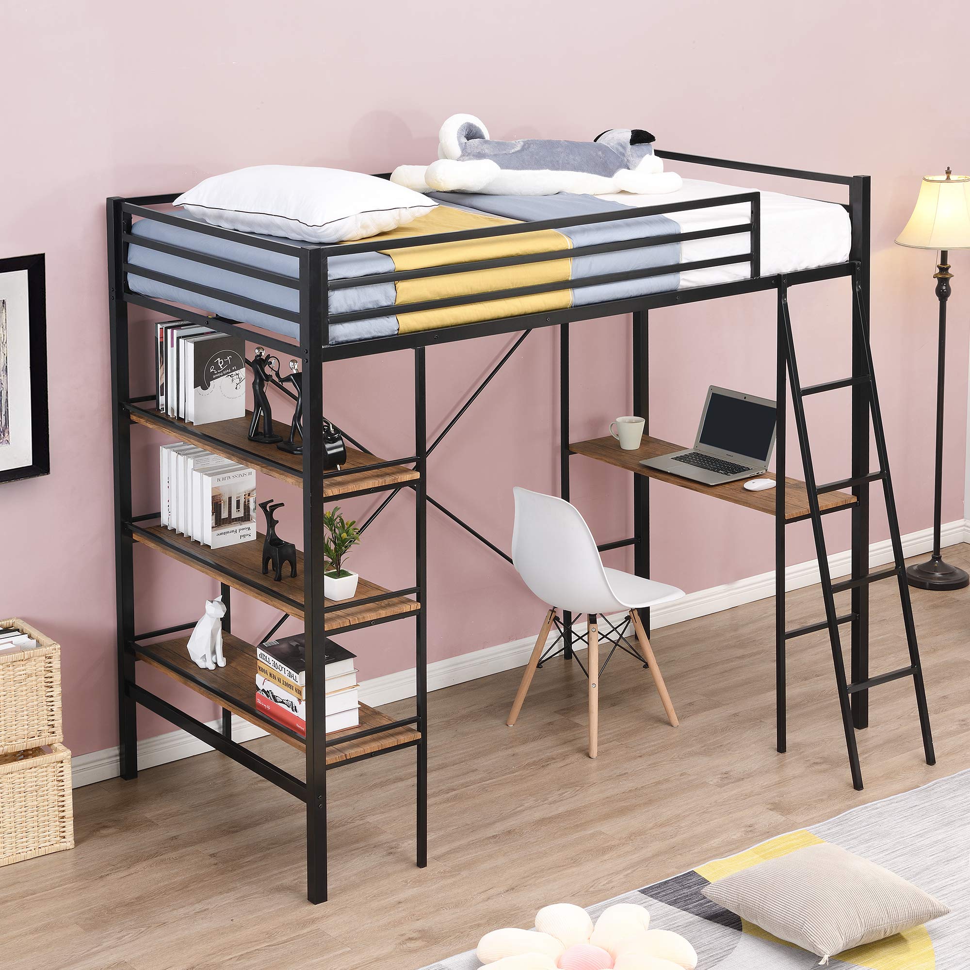 Buy Twin Size Metal Loft Bed with LShaped Desk and Shelf for Teens