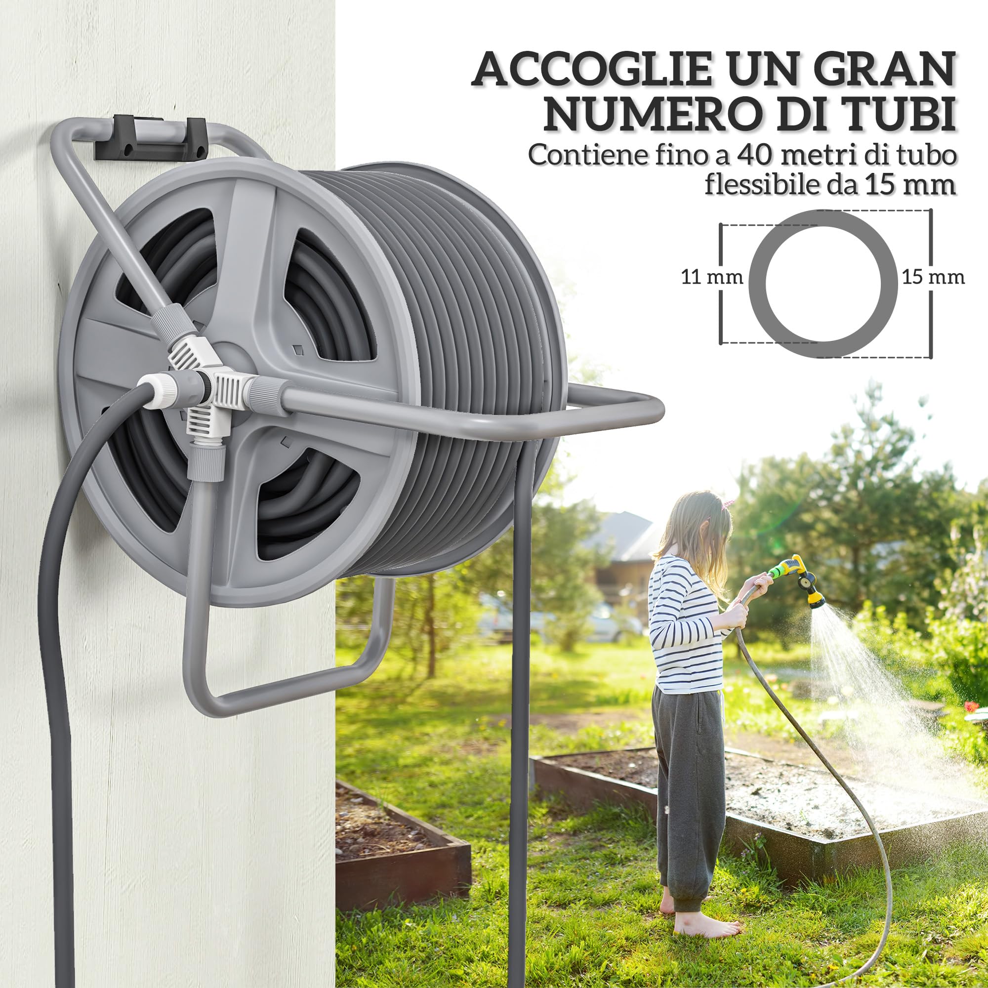 Outsunny Avvolgitubo da Giardino a Parete Autoportante 40m di Tubo Grigio